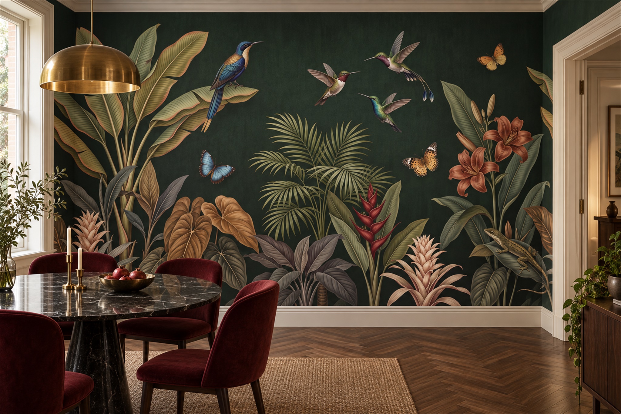 Green Botanical Botanical Decorative Wallpaper Mural Dining-room-wallpaper-murals, Shown In A Dining Room, Peel-and-stick Finish