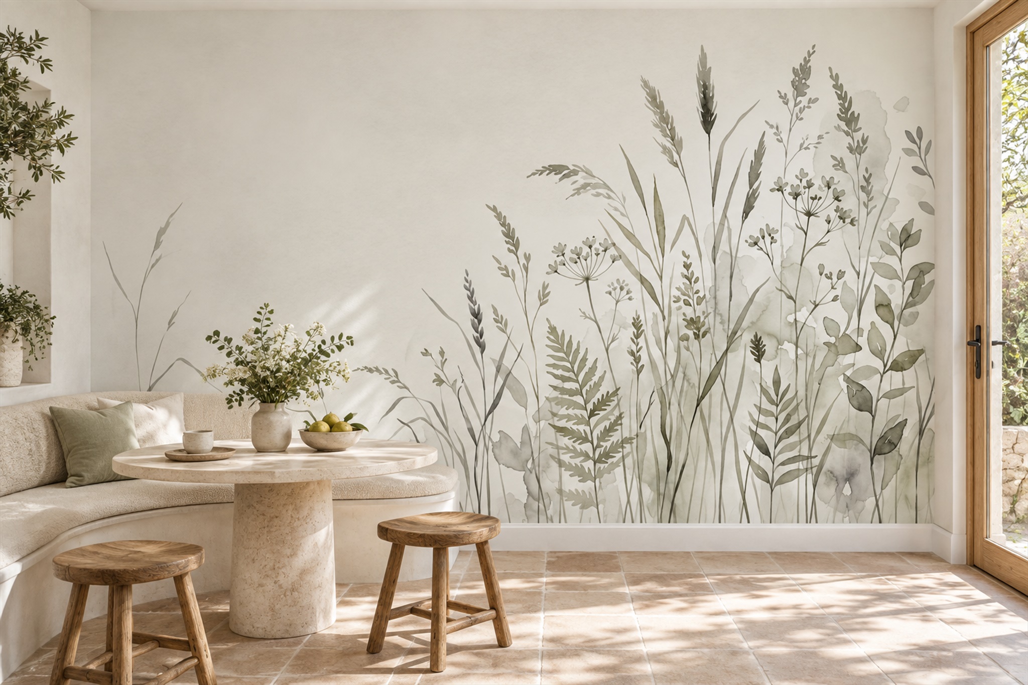 Misty Sage Meadow Grasses Watercolour Wallpaper Mural — Wallpaper Mural Design, Peel-and-stick Finish