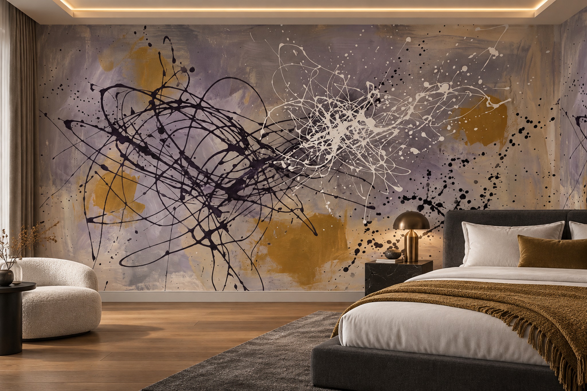 Gold Pattern Decorative Wallpaper Mural Layered Painterly Wallpaper Bedroom-wallpaper-murals, Peel-and-stick Finish