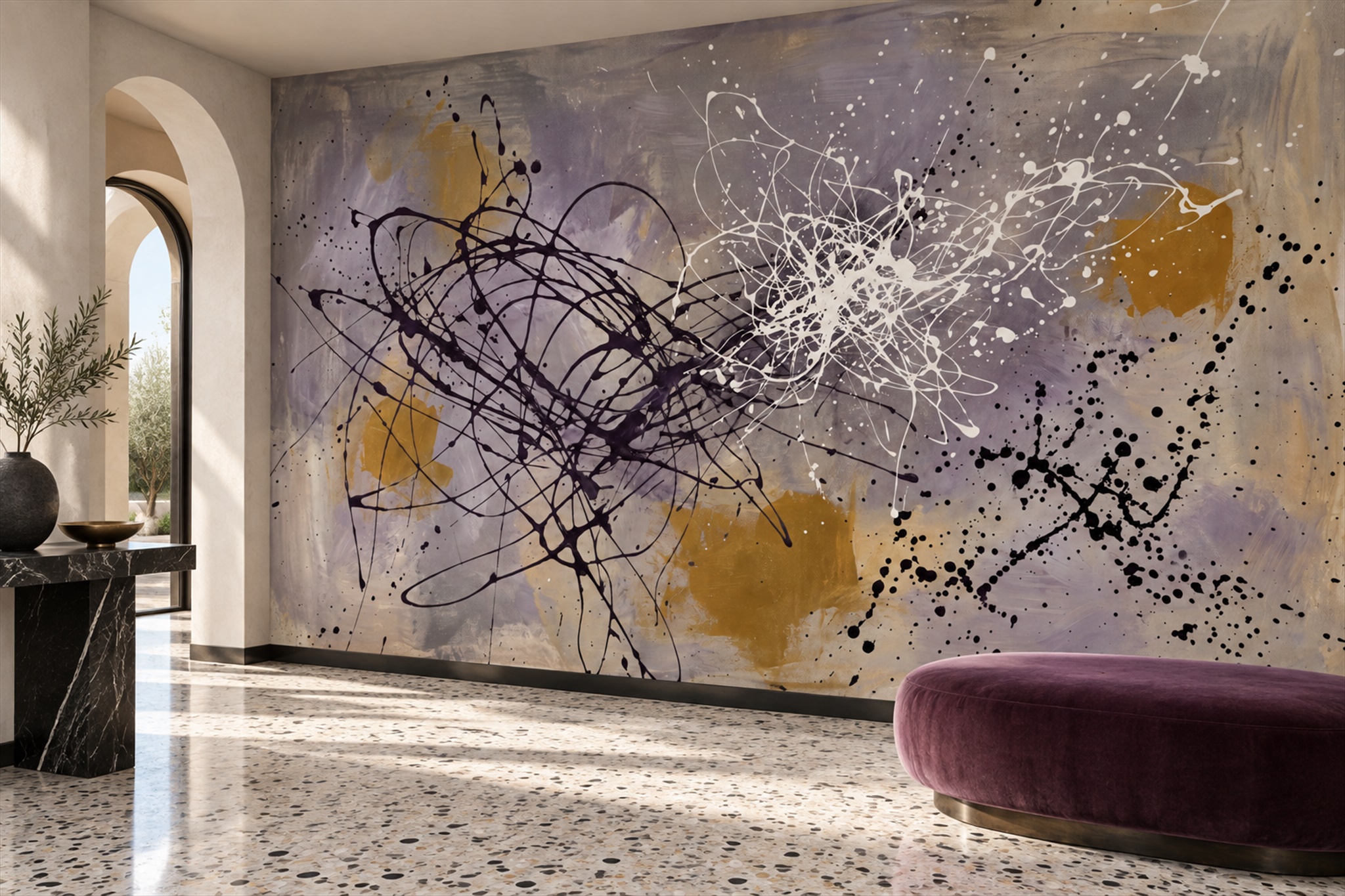 Gold Pattern Decorative Wallpaper Mural Layered Painterly Wallpaper Feature-wall-wallpaper-murals, Peel-and-stick Finish