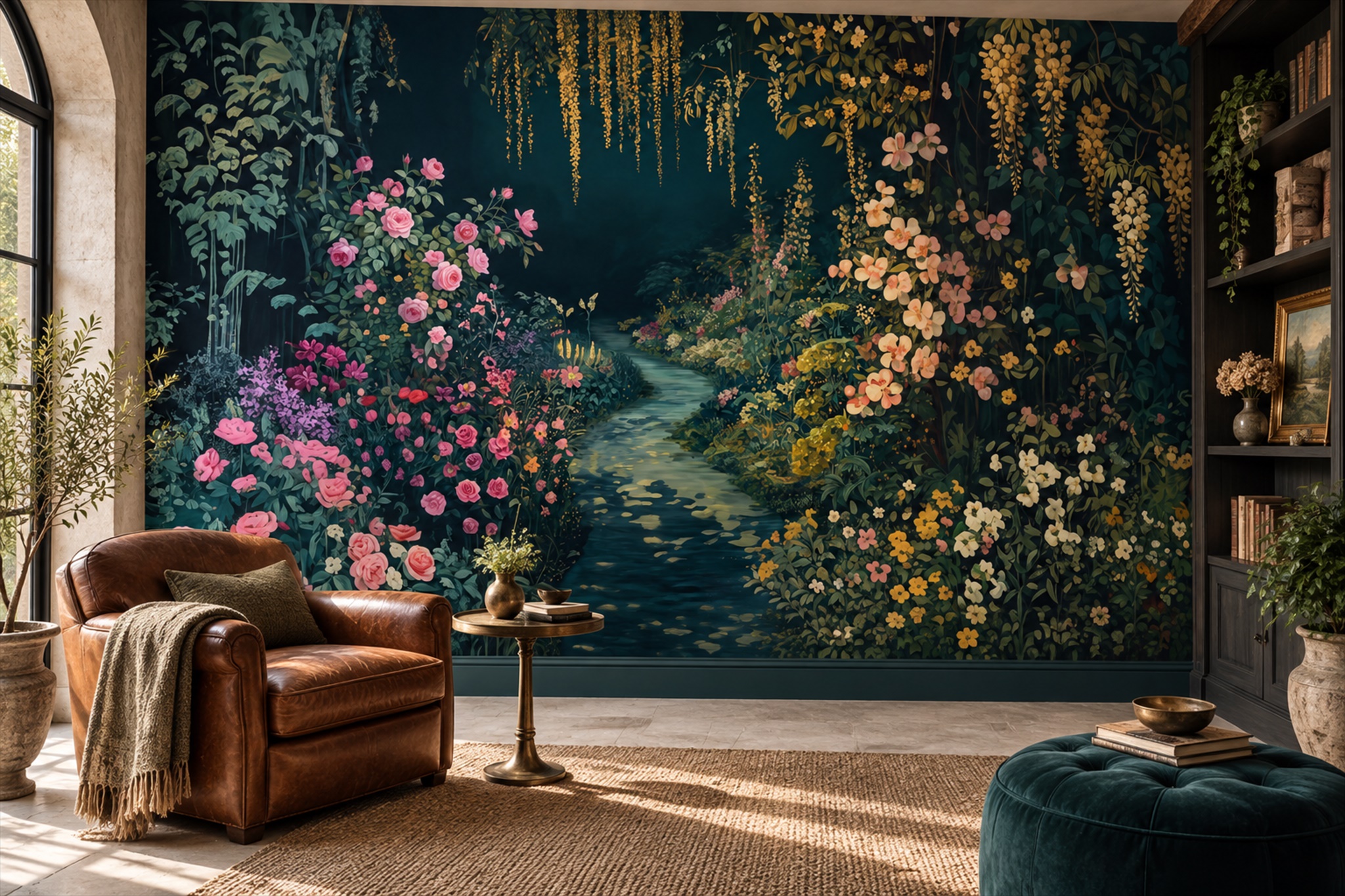 Dark Garden Path With Roses And Hanging Blossoms Wallpaper Mural — Wallpaper Mural Design, Peel-and-stick Finish