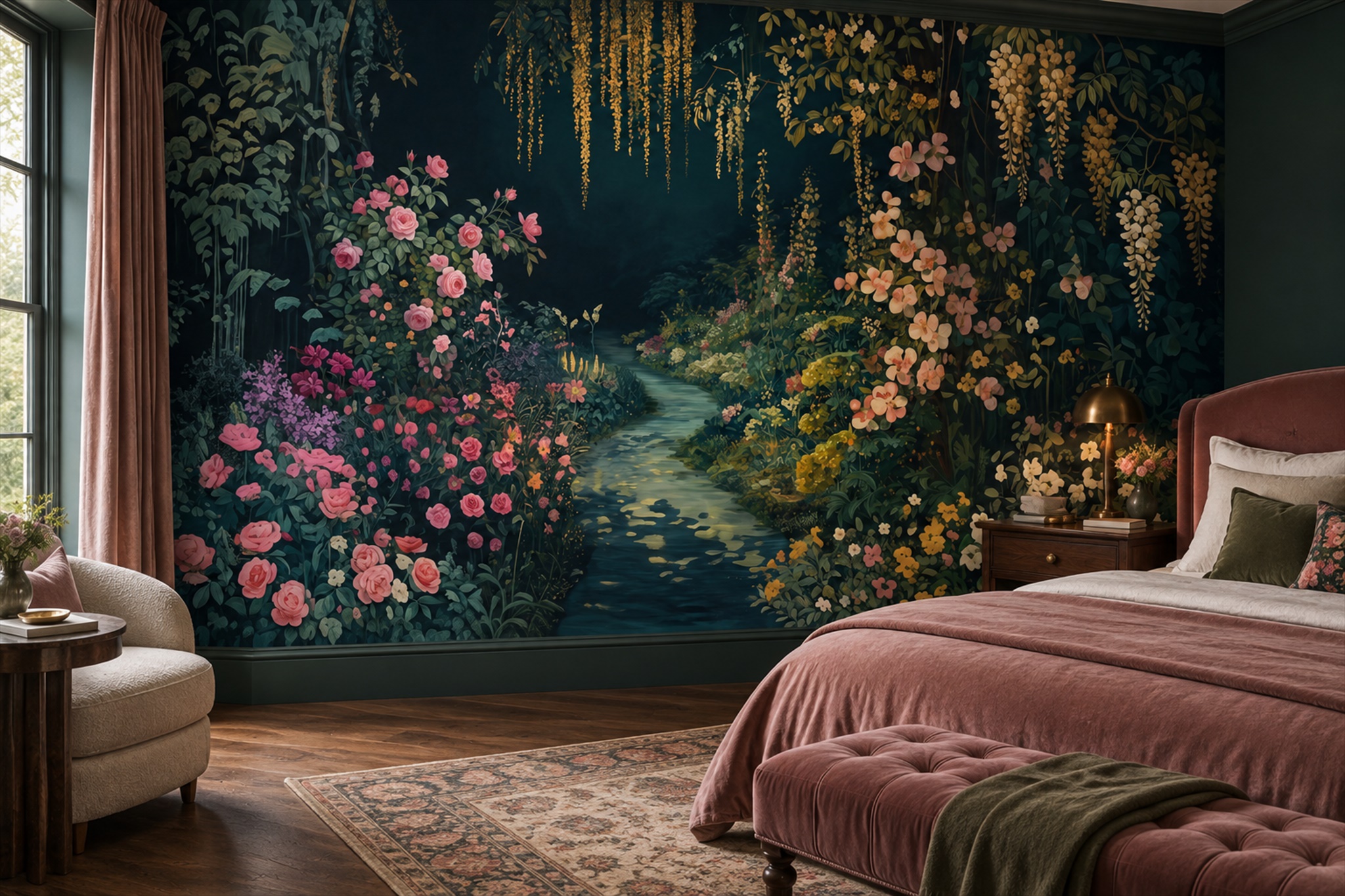 Teal Garden Scenic Decorative Wallpaper Mural Bedroom-wallpaper-murals, Peel-and-stick Finish