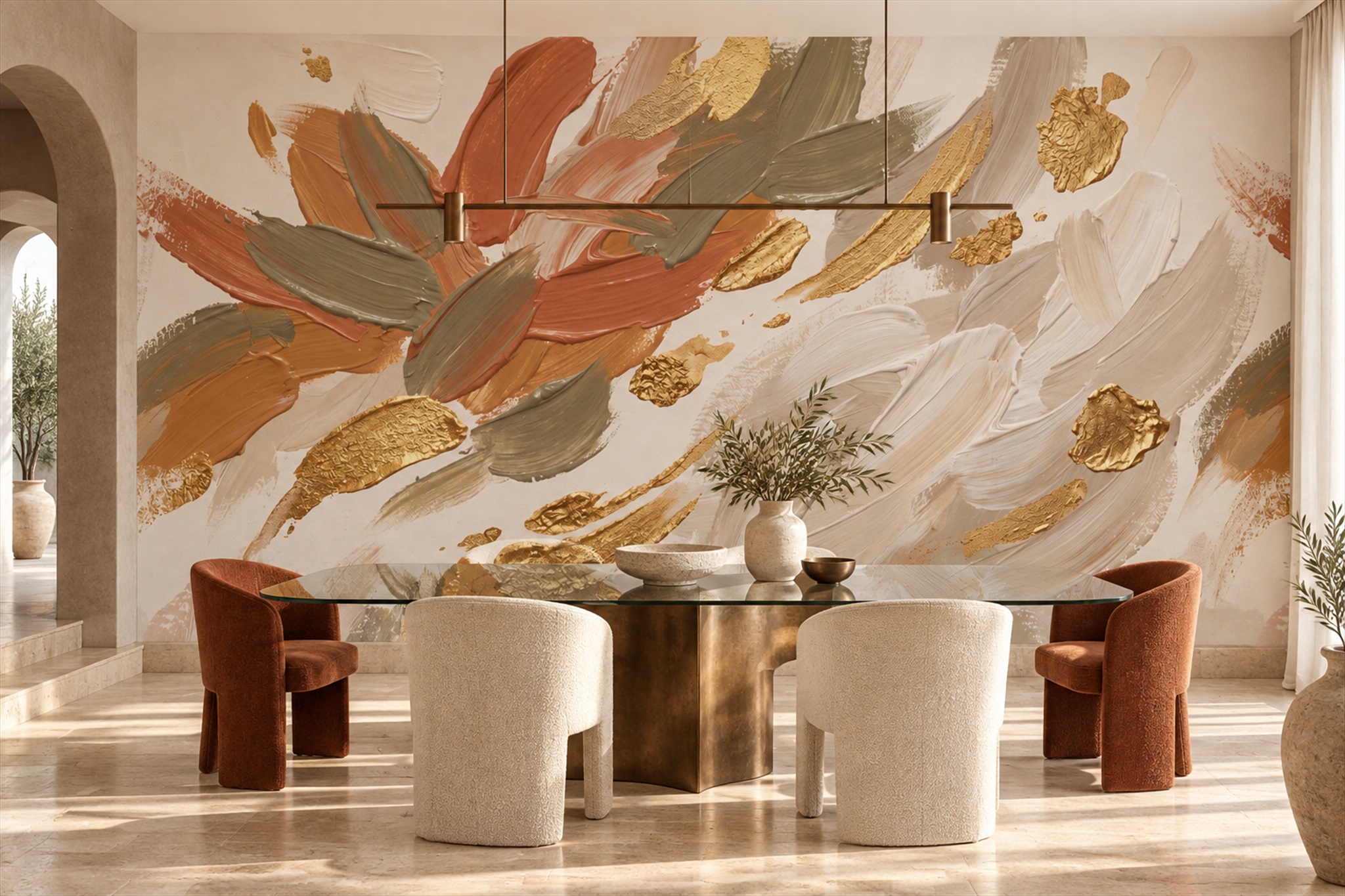 Rust And Gold Painterly Brushstroke Wallpaper Mural — Wallpaper Mural Design, Peel-and-stick Finish