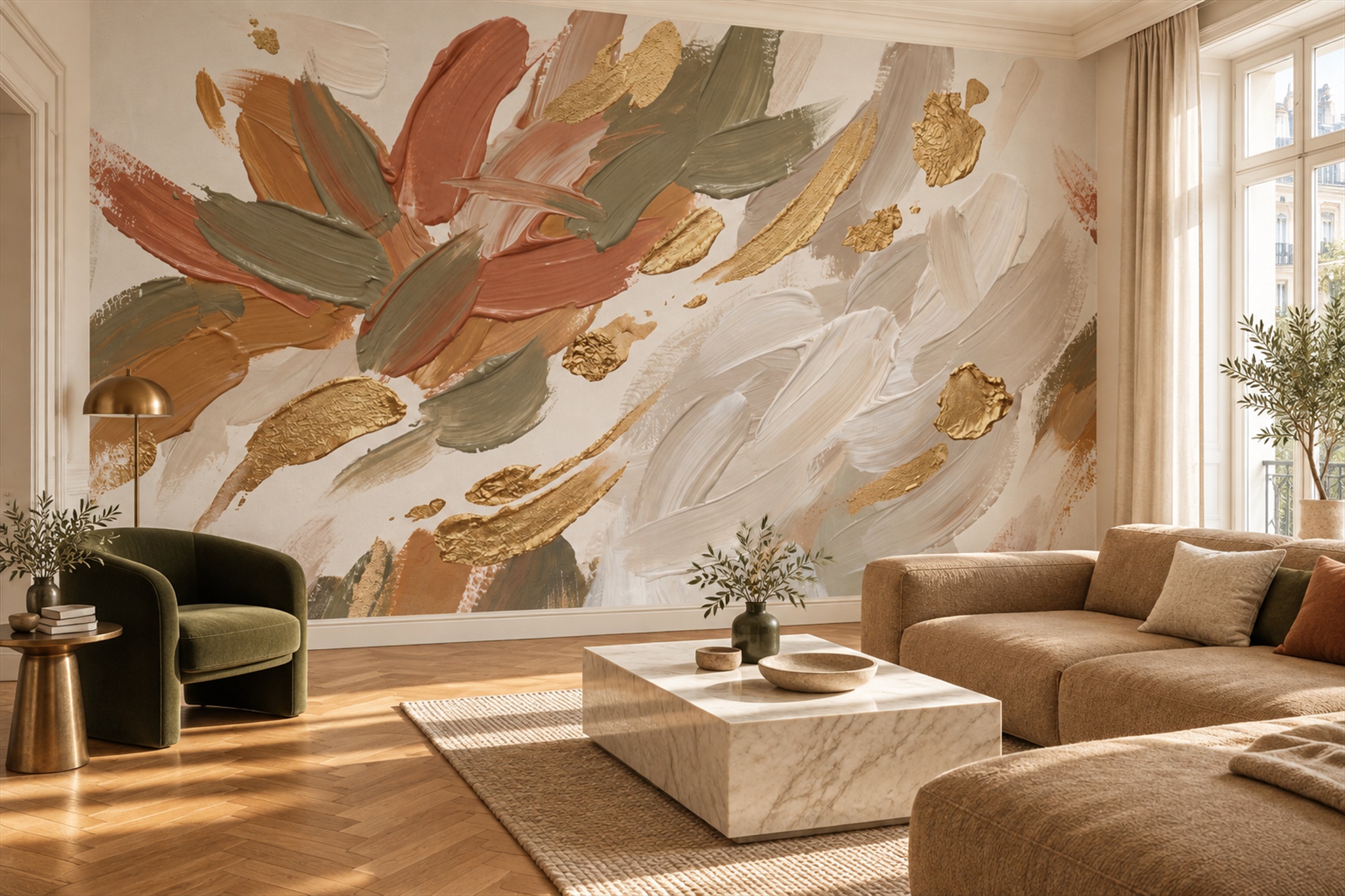 Rust Brushstroke Artful Wallpaper Mural Living-room-wallpaper-murals, Shown In A Living Room, Peel-and-stick Finish
