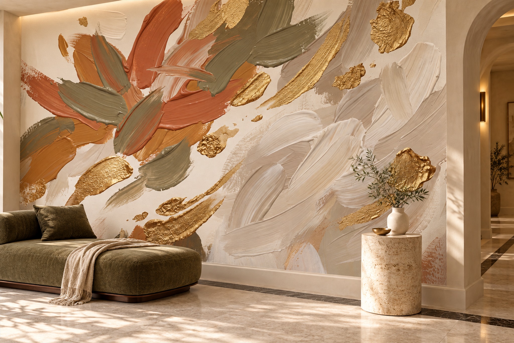 Rust Brushstroke Artful Wallpaper Mural Living-room-wallpaper-murals, Shown In A Living Room, Peel-and-stick Finish