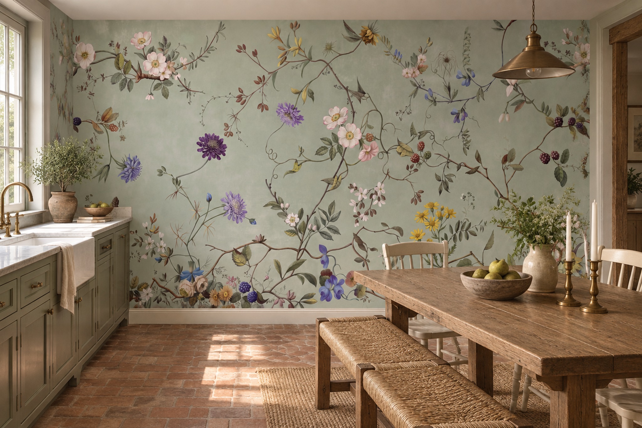 Sage Vintage Artful Wallpaper Mural Dining-room-wallpaper-murals, Shown In A Dining Room, Peel-and-stick Finish