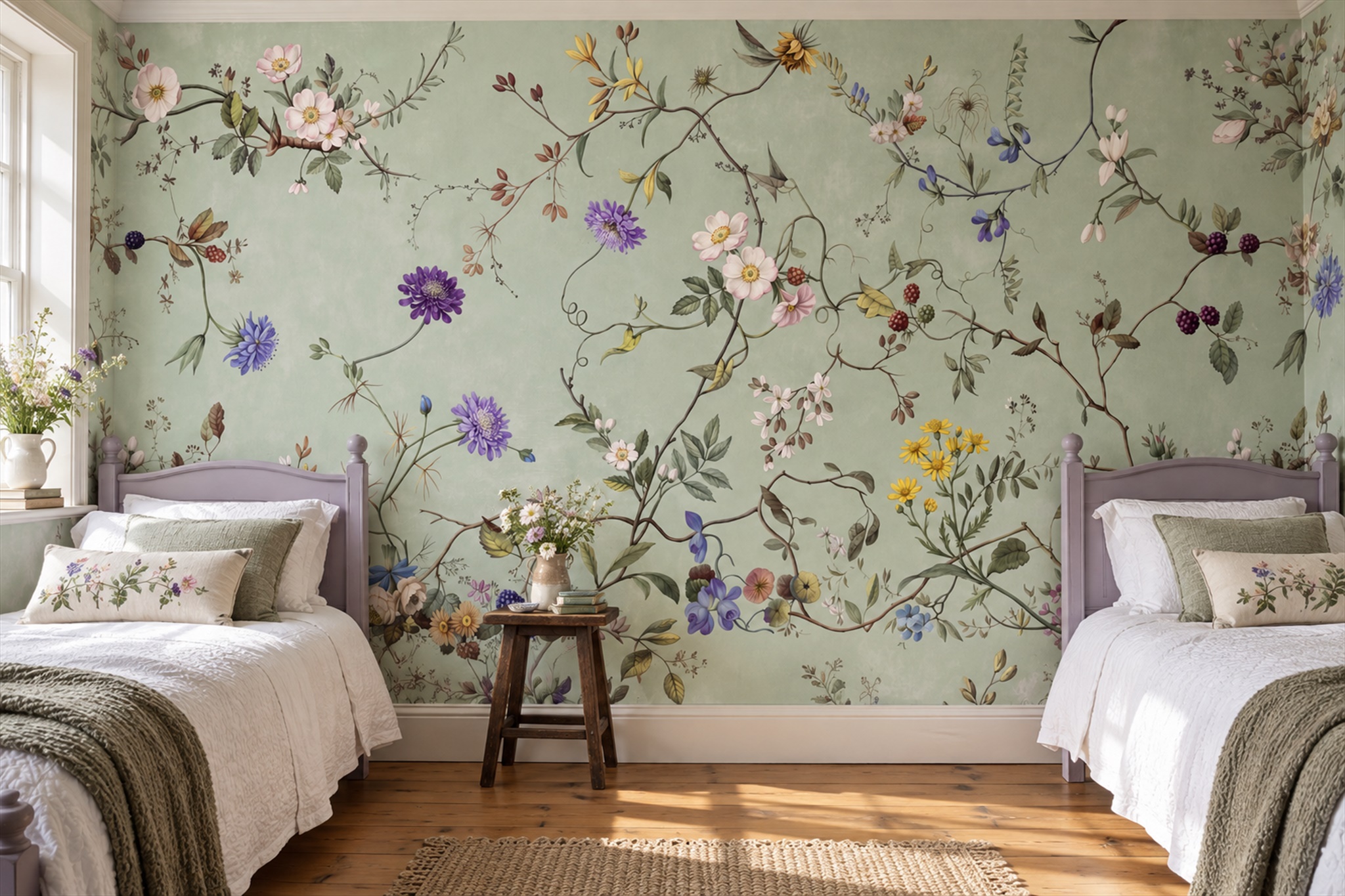 Sage Vintage Artful Wallpaper Mural Accent-wall-wallpaper-murals, Peel-and-stick Finish