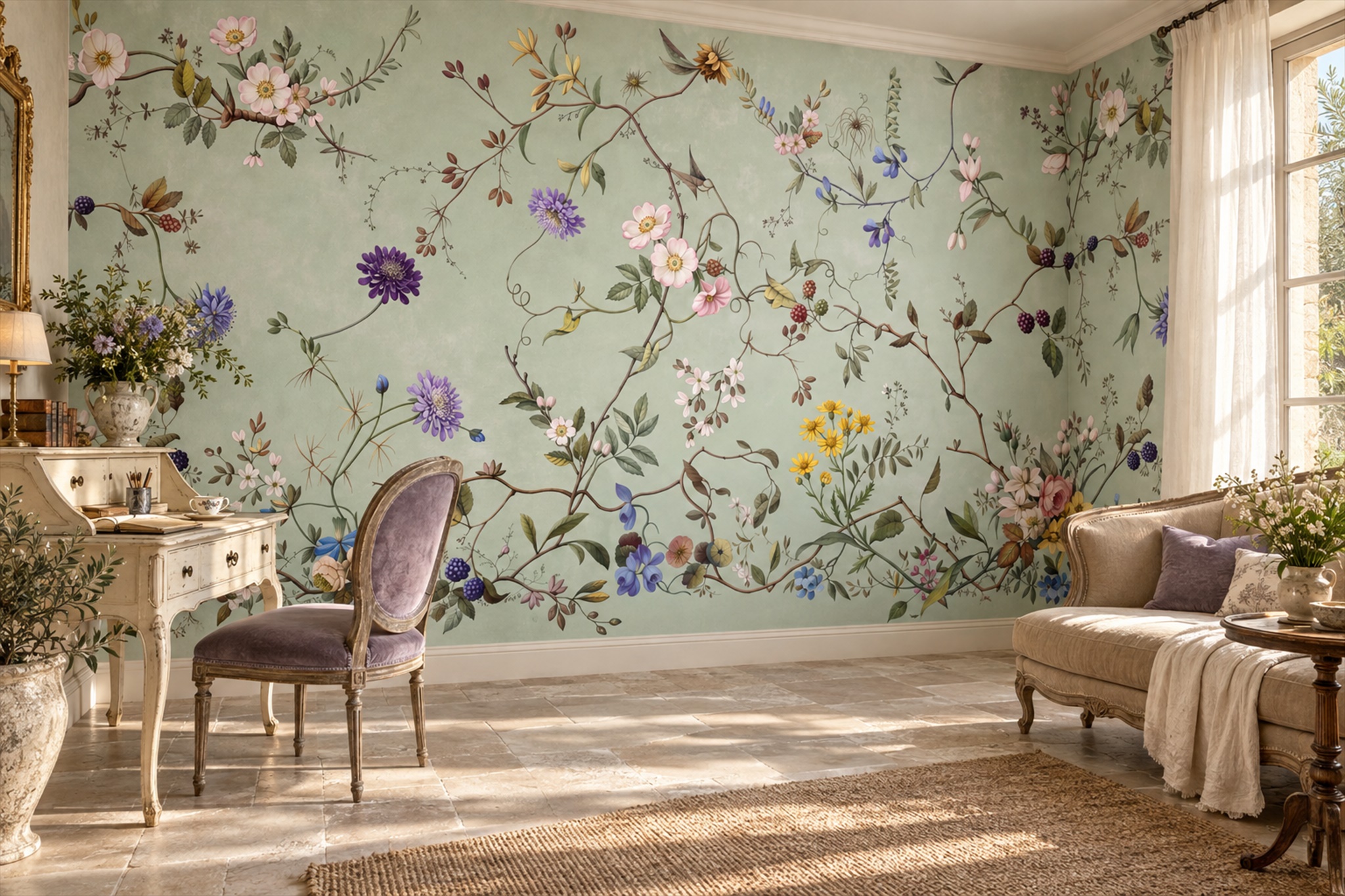 Sage Garden Branches With Tiny Flowers Wallpaper Mural — Wallpaper Mural Design, Peel-and-stick Finish