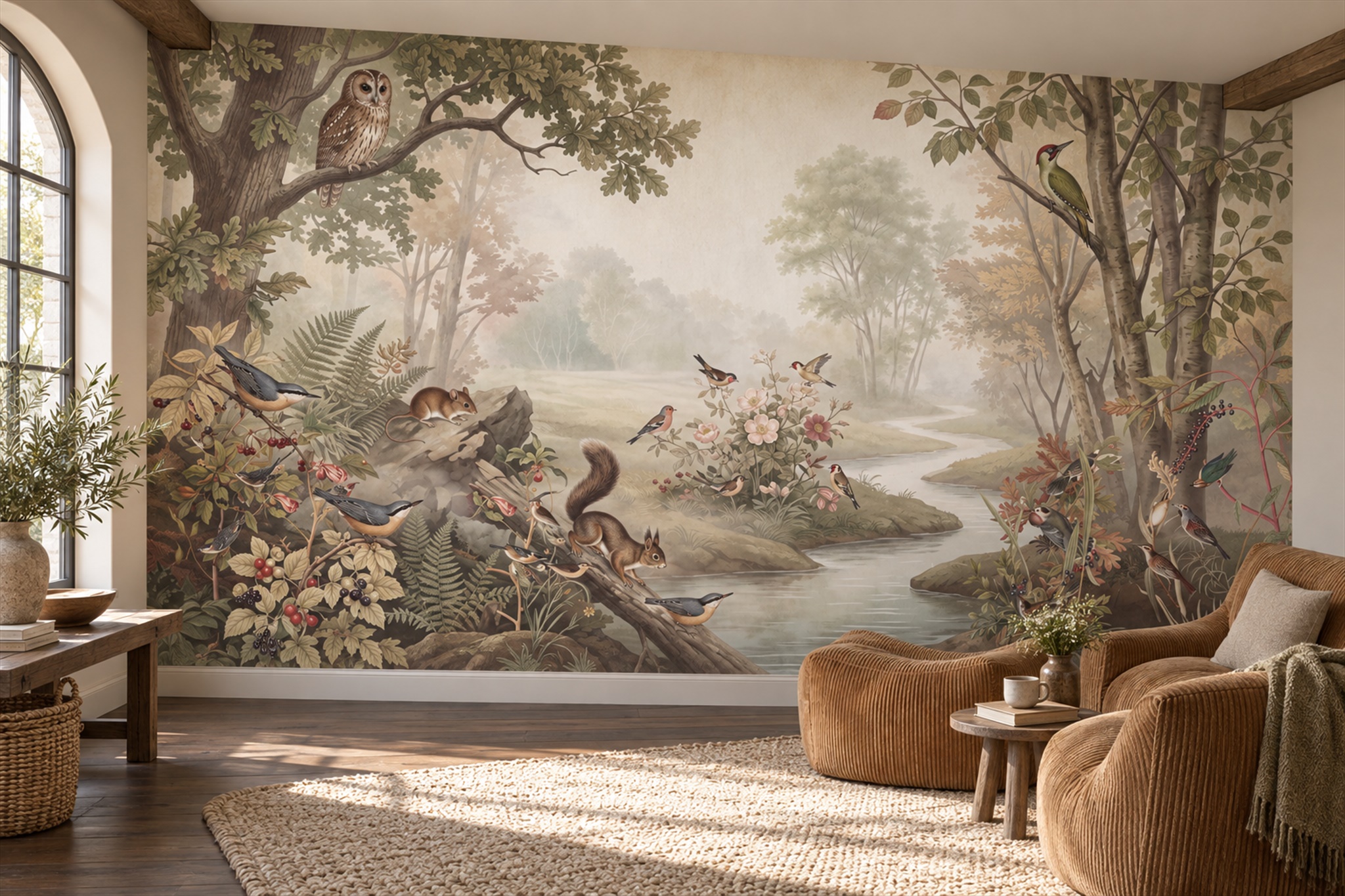 Beige Woodland Scenic Wallpaper Mural Home-office-wallpaper-murals, Shown In A Home Office, Peel-and-stick Finish