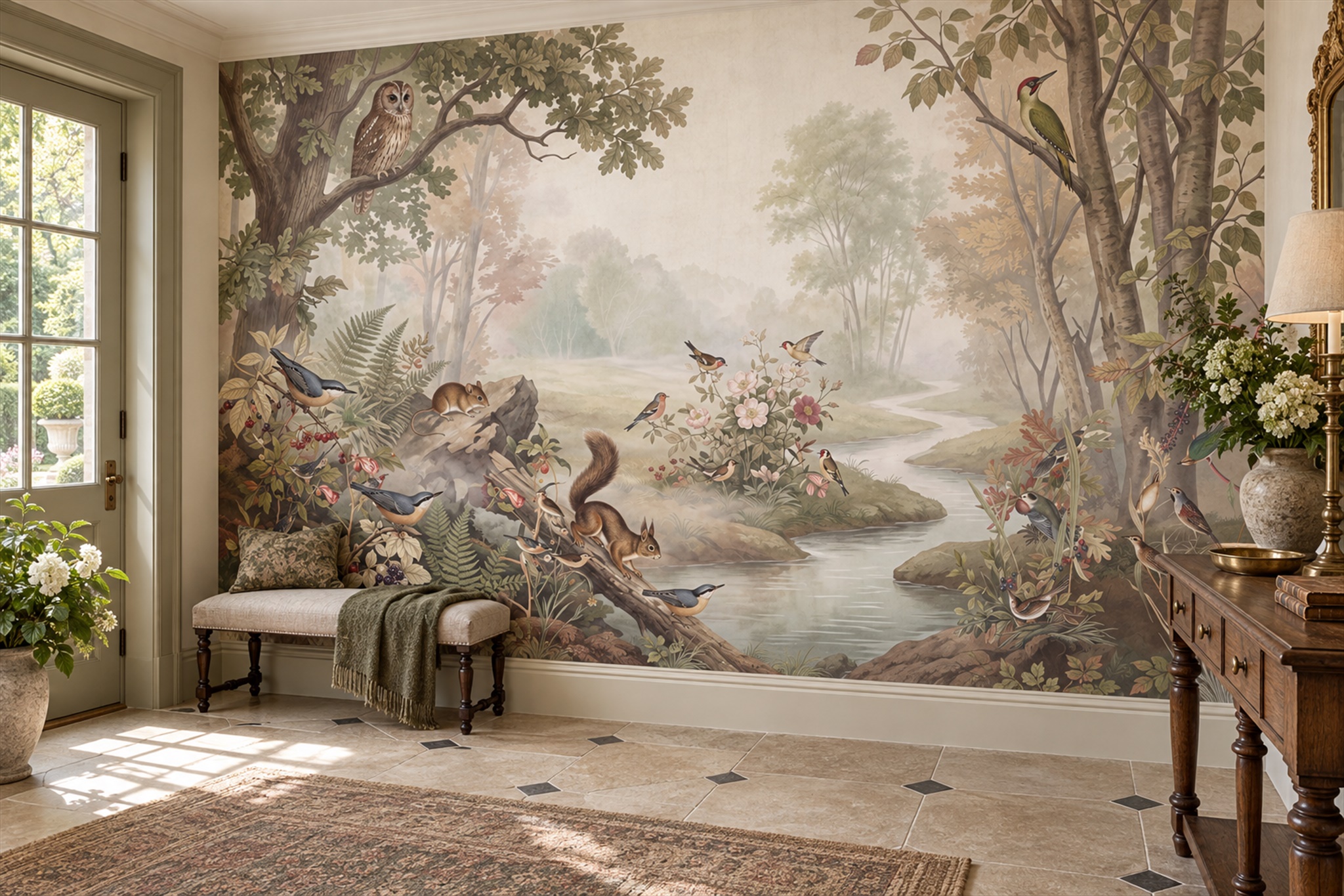 Beige Woodland Scenic Wallpaper Mural Accent-wall-wallpaper-murals, Peel-and-stick Finish