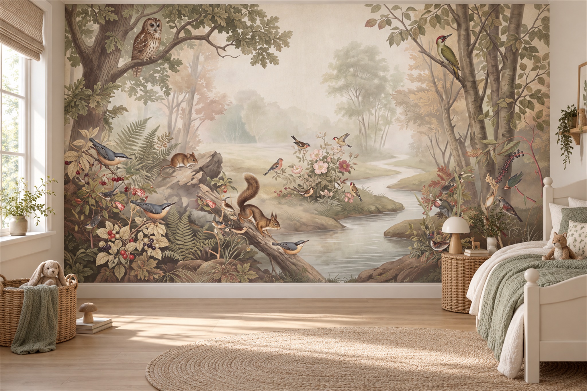 Beige Woodland Scenic Wallpaper Mural Accent-wall-wallpaper-murals, Peel-and-stick Finish