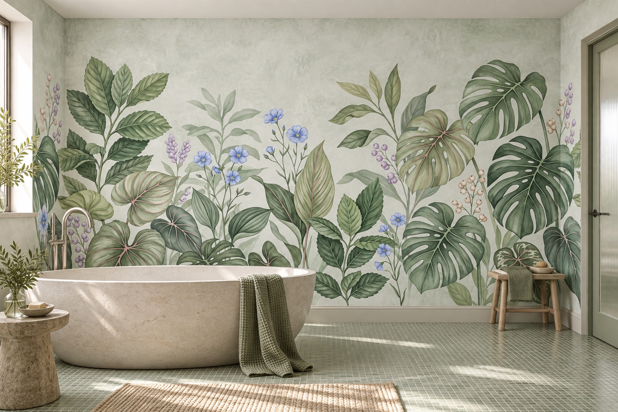 Sage Leaf Botanical Illustrated Wallpaper Mural Bathroom-wallpaper-murals, Peel-and-stick Finish