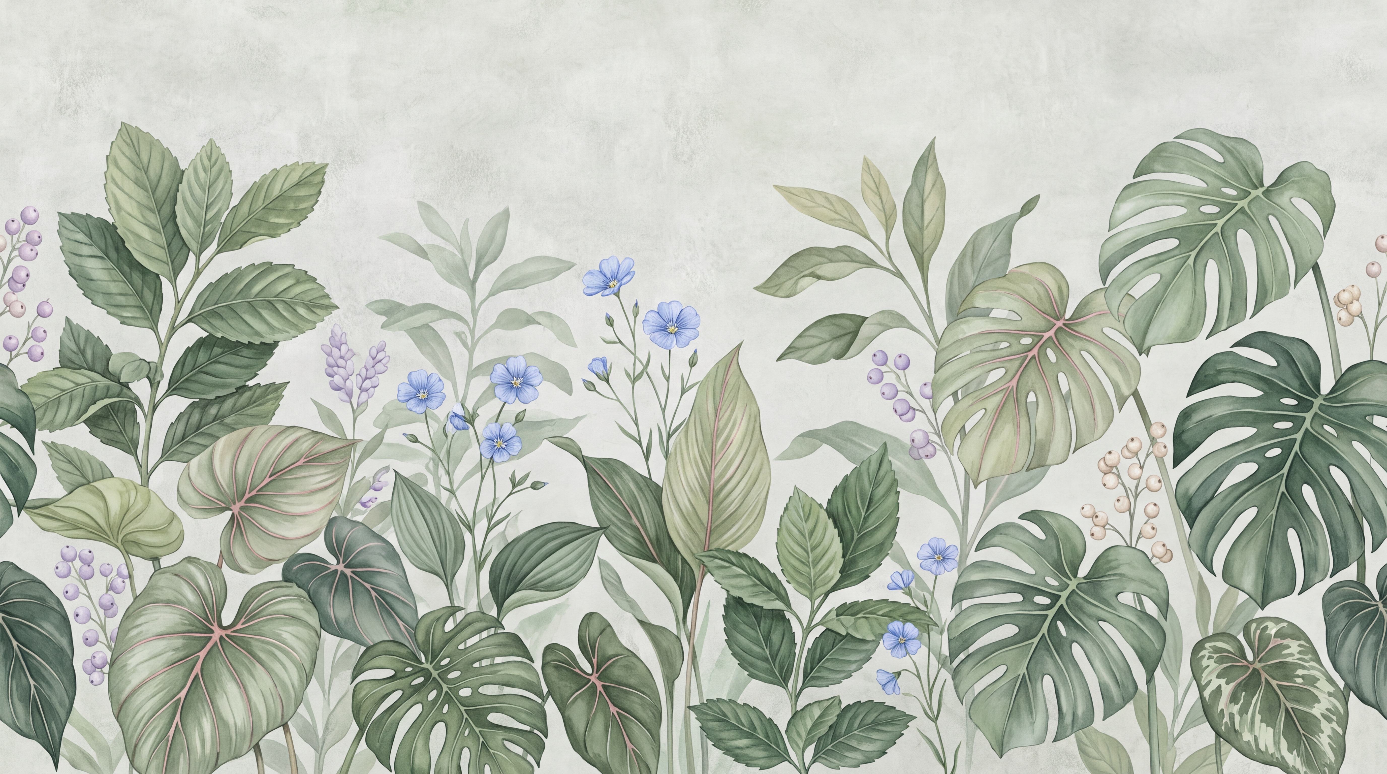 Sage Leaf Botanical Illustrated Wallpaper Mural, Peel-and-stick Finish