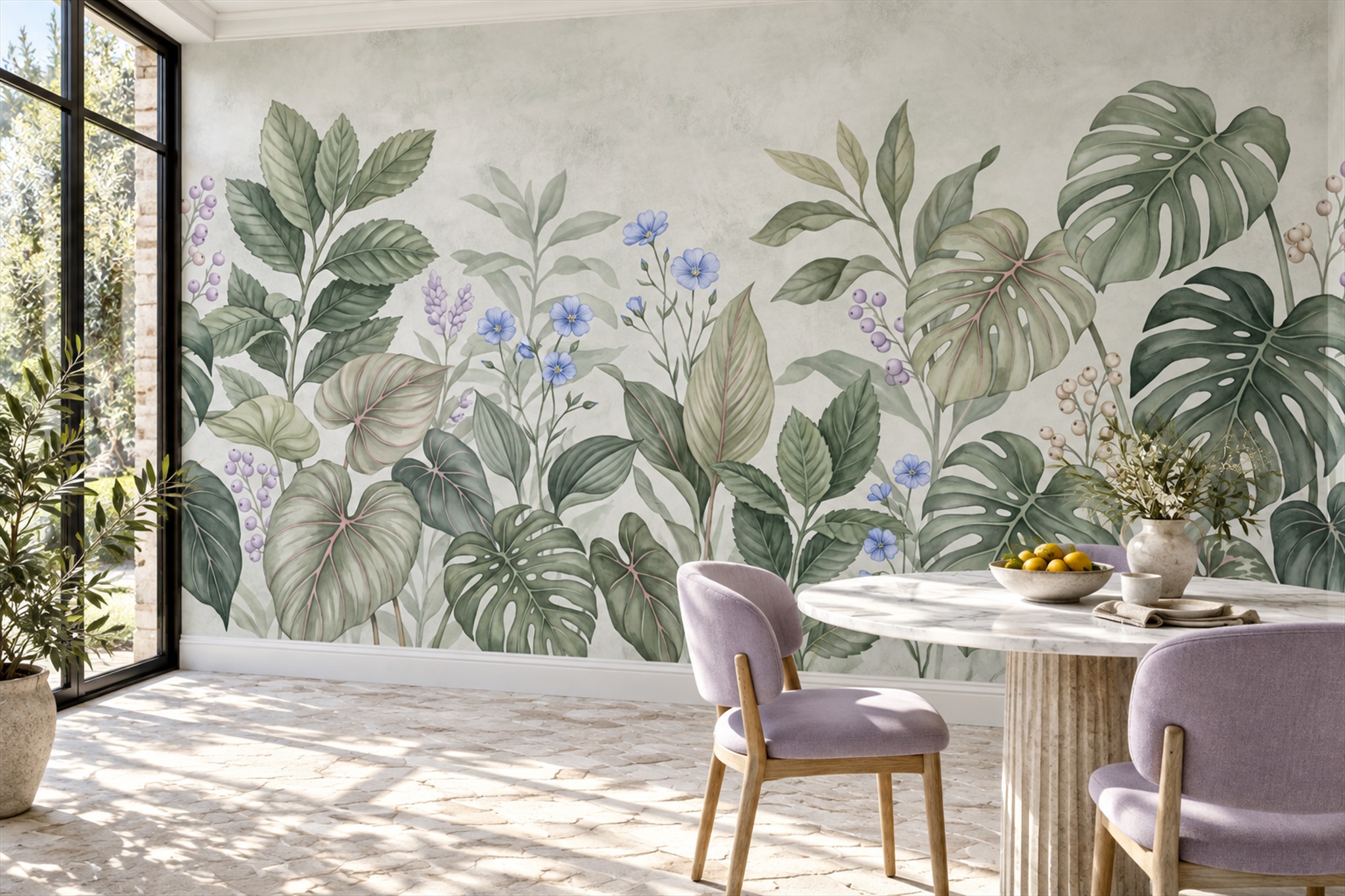 Sage Leaf Botanical Illustrated Wallpaper Mural Dining-room-wallpaper-murals, Shown In A Dining Room, Peel-and-stick Finish