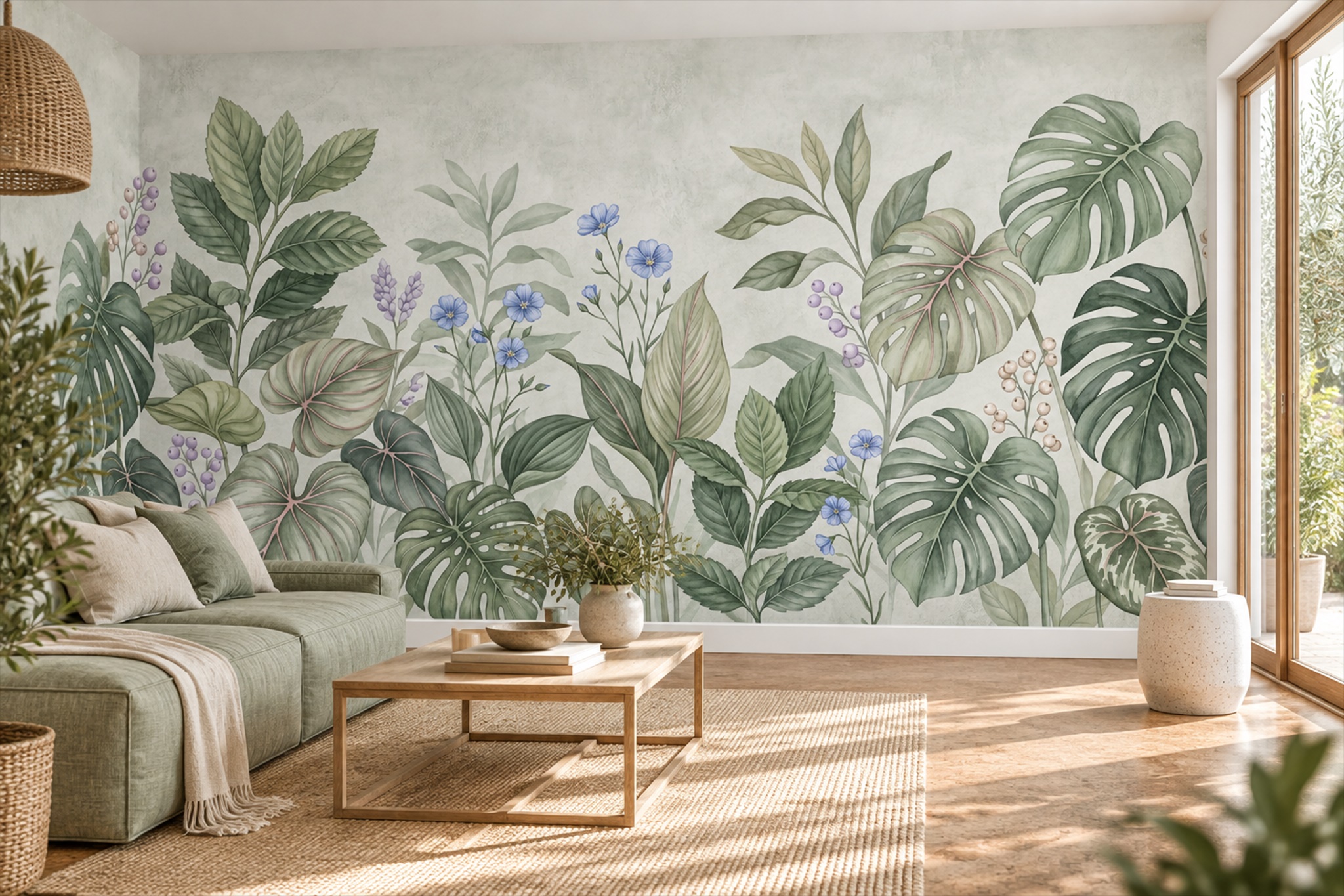 Sage Monstera And Layered Tropical Leaves Wallpaper Mural — Wallpaper Mural Design, Peel-and-stick Finish