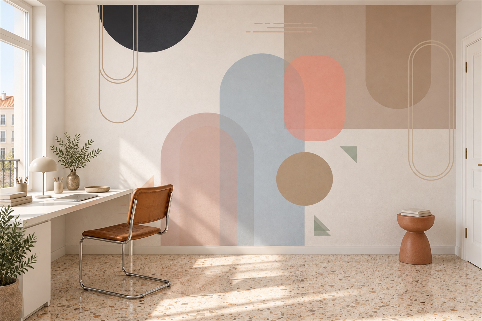 Peach Geometric Abstract Decorative Wallpaper Mural Home-office-wallpaper-murals, Shown In A Home Office, Peel-and-stick Finish