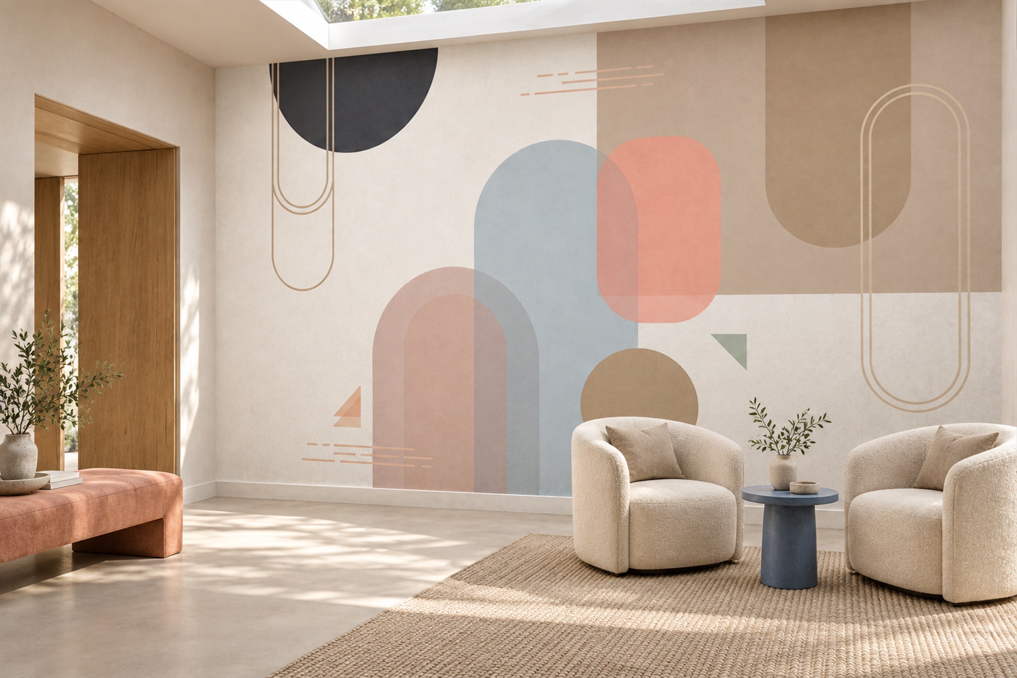 Peach And Taupe Midcentury Geometric Wallpaper Mural — Wallpaper Mural Design, Peel-and-stick Finish