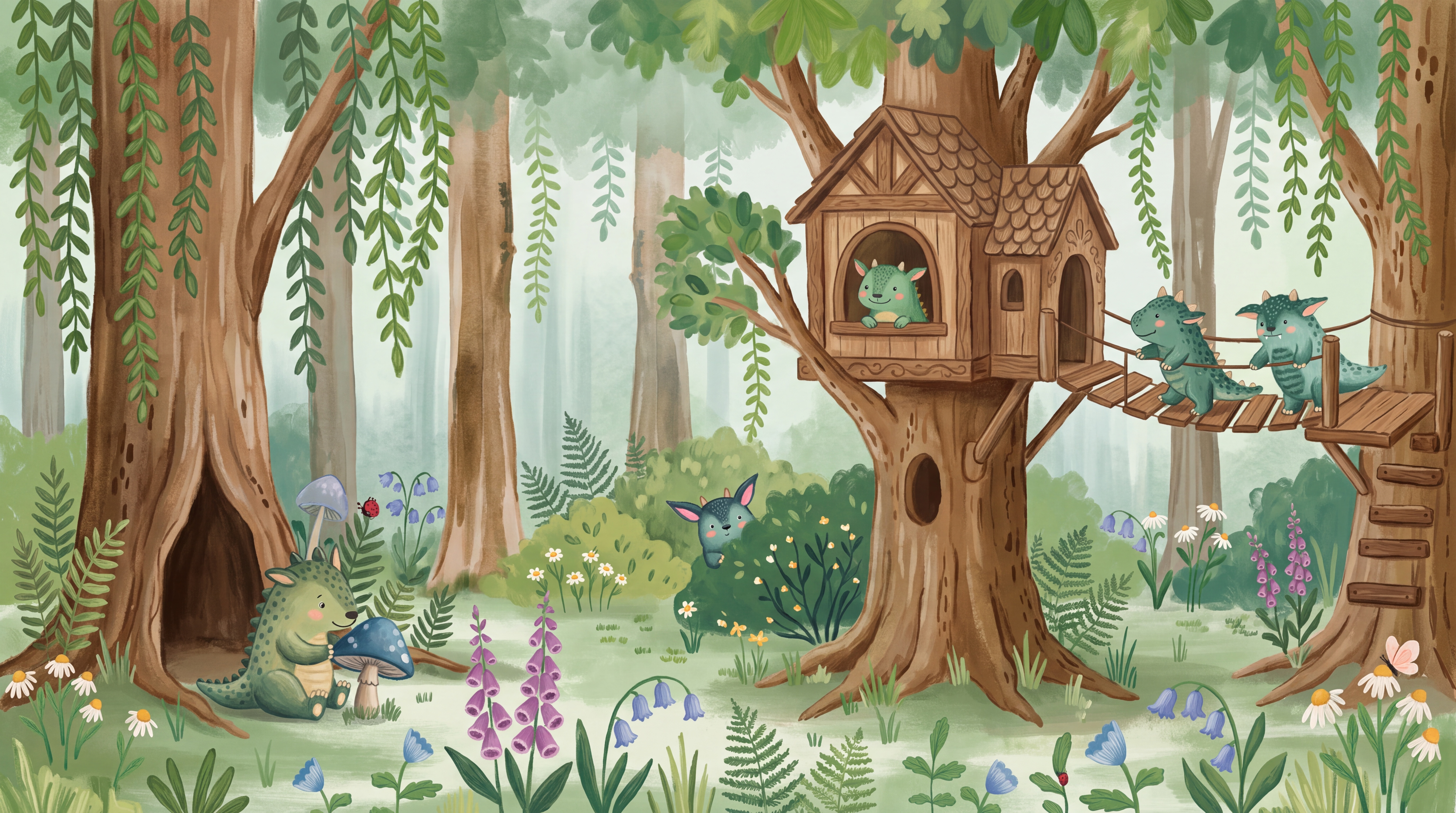 Green Pattern Decorative Wallpaper Mural Layered Illustrated Wallpaper, Peel-and-stick Finish