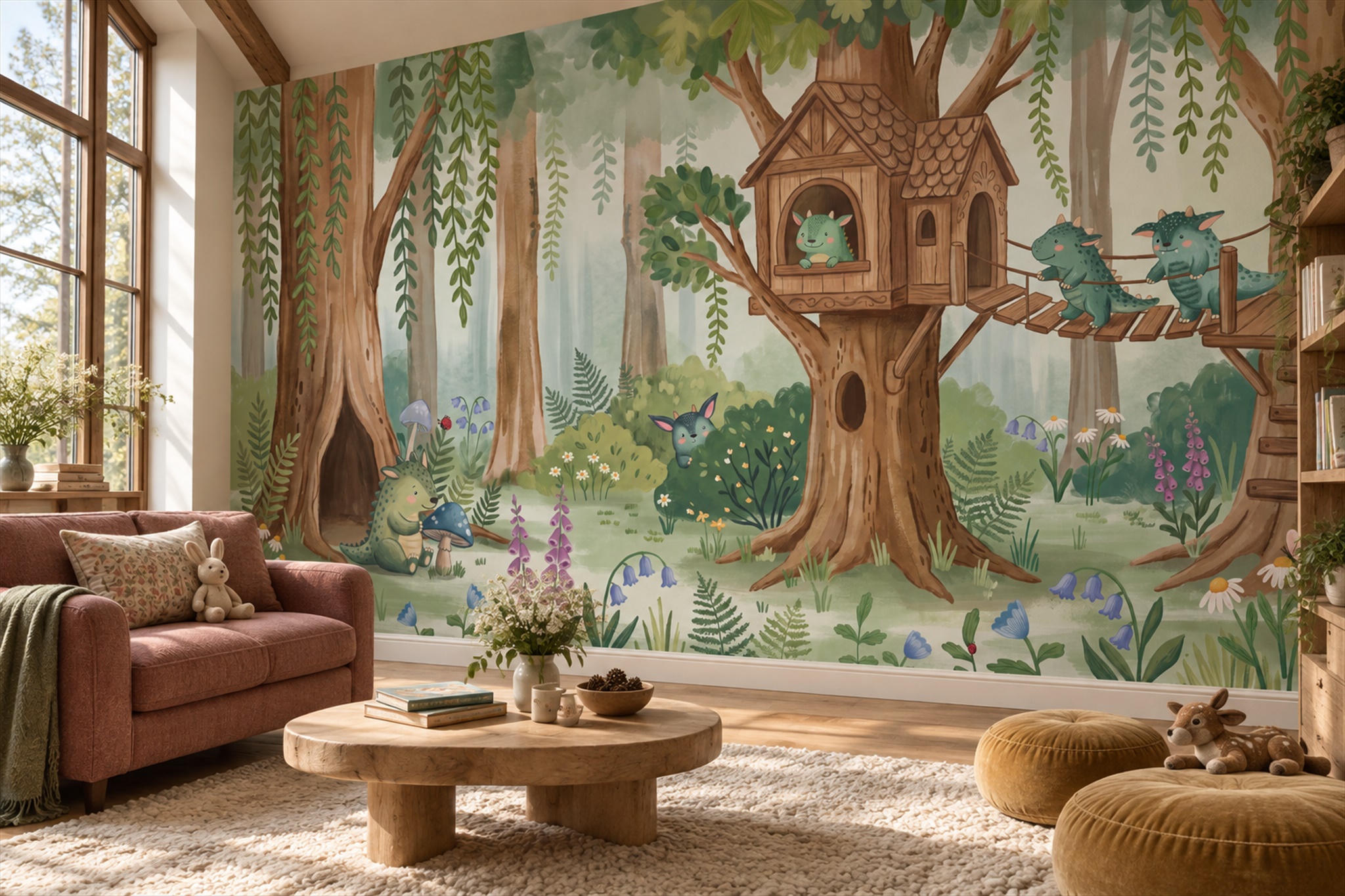 Green Pattern Decorative Wallpaper Mural Layered Illustrated Wallpaper Home-office-wallpaper-murals, Shown In A Home Office, Peel-and-stick Finish