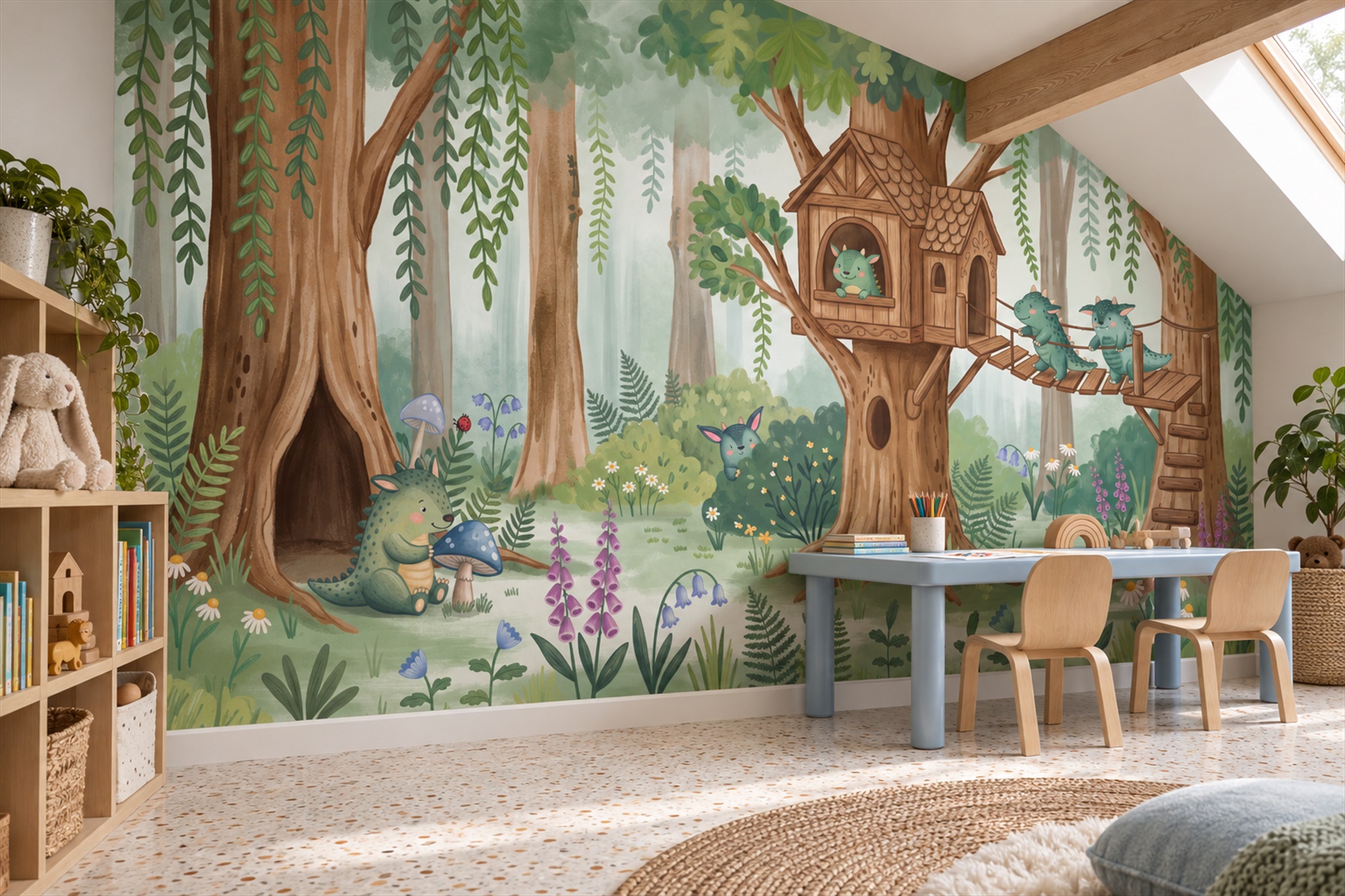 Green Pattern Decorative Wallpaper Mural Layered Illustrated Wallpaper Accent-wall-wallpaper-murals, Peel-and-stick Finish