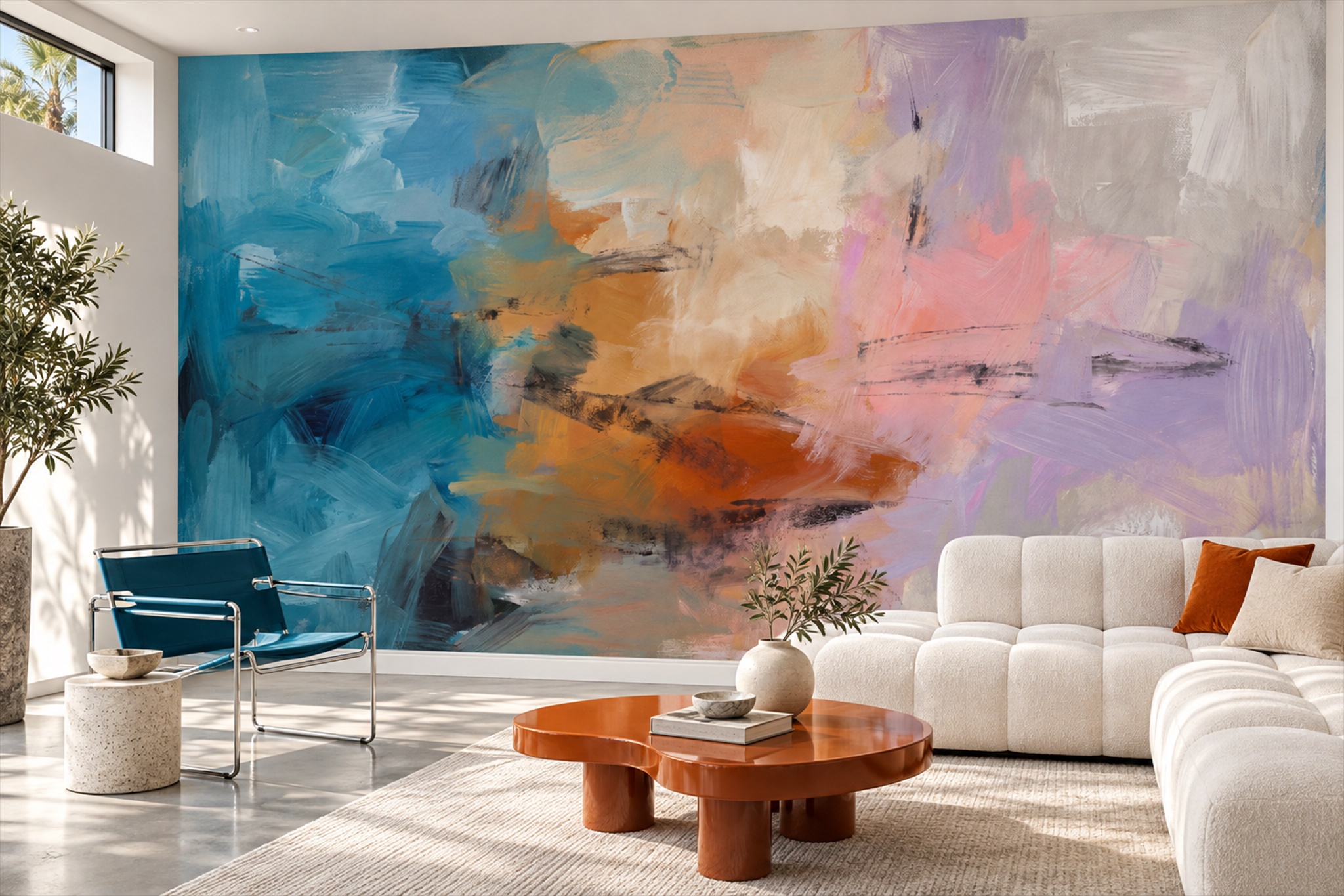 Blue And Peach Abstract Painterly Wallpaper Mural — Wallpaper Mural Design, Peel-and-stick Finish