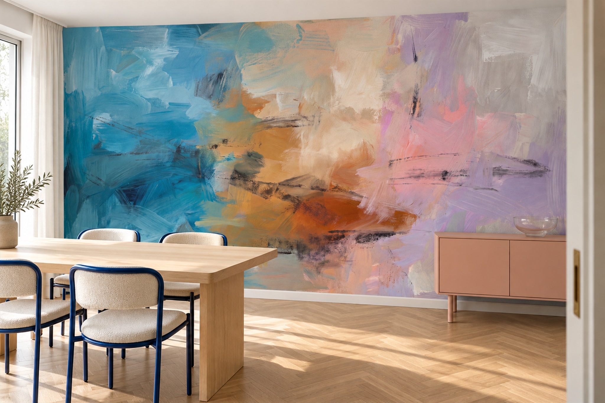 Blue Brushstroke Artful Layered Wallpaper Mural Dining-room-wallpaper-murals, Shown In A Dining Room, Peel-and-stick Finish