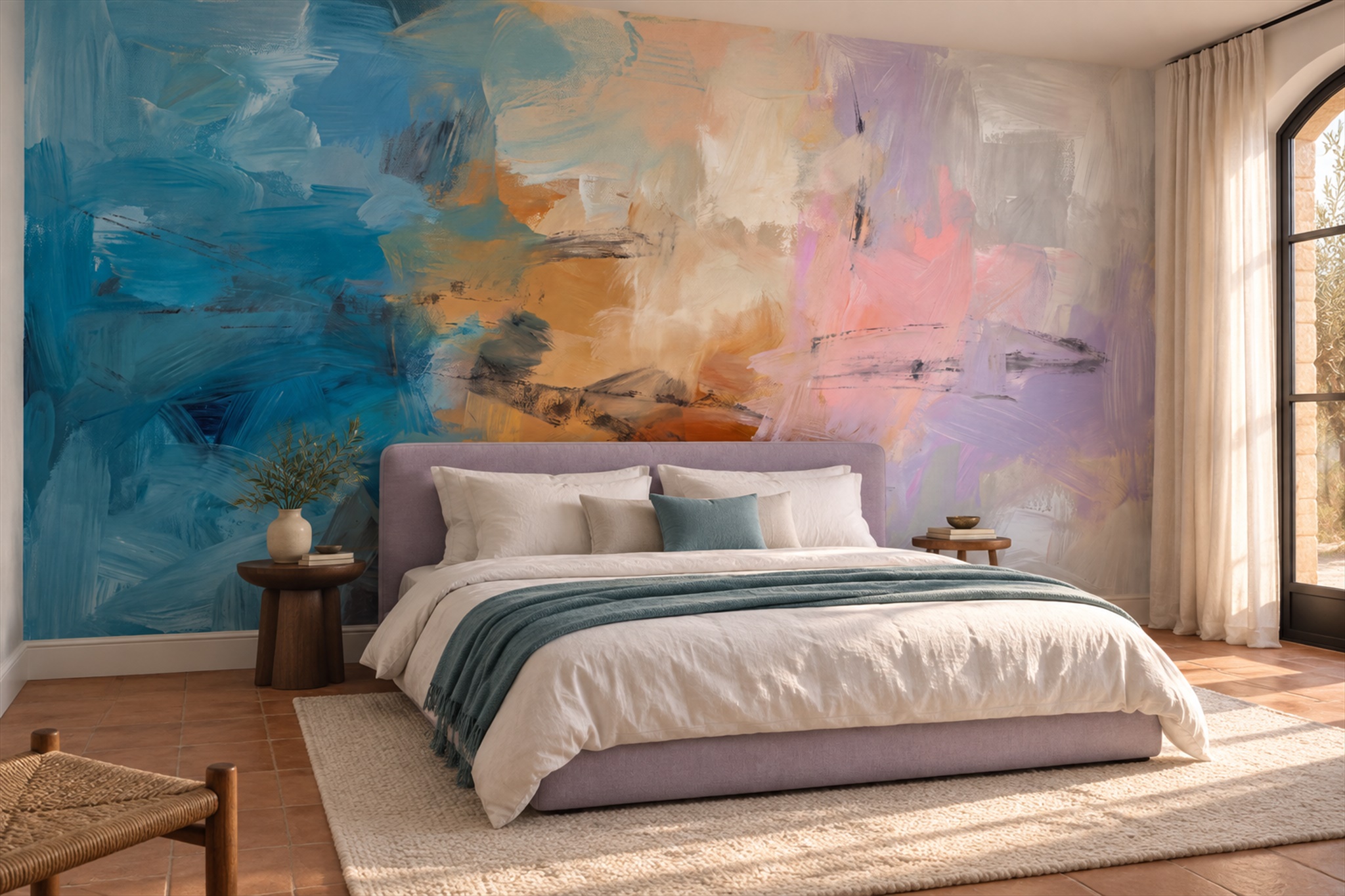 Blue Brushstroke Artful Layered Wallpaper Mural Living-room-wallpaper-murals, Peel-and-stick Finish