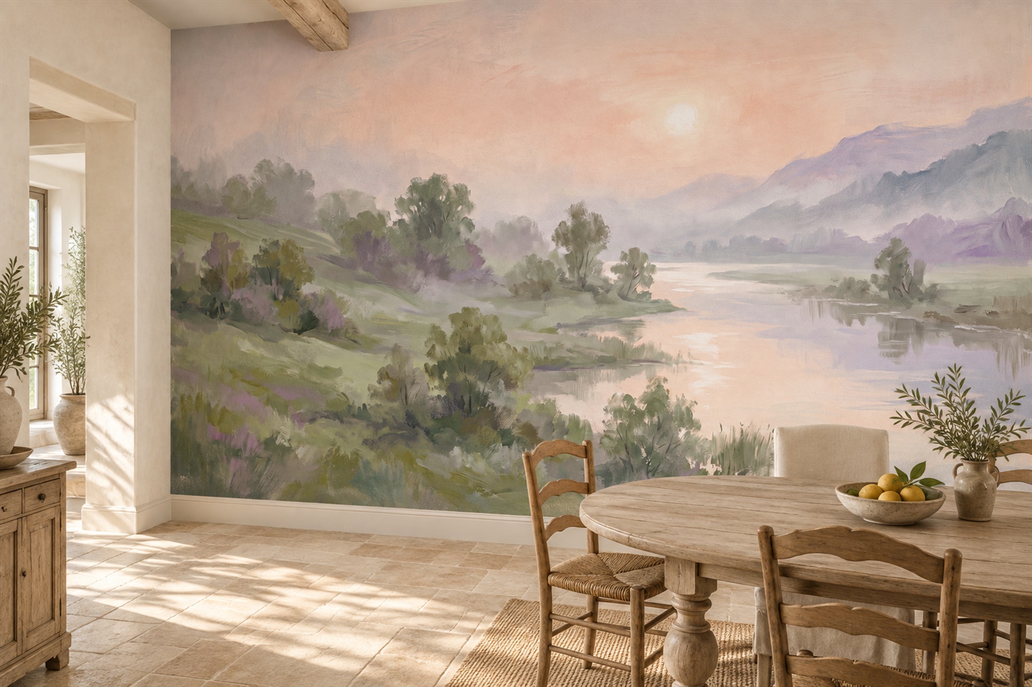 Peach River Scenic Wallpaper Mural Dining-room-wallpaper-murals, Shown In A Dining Room, Peel-and-stick Finish