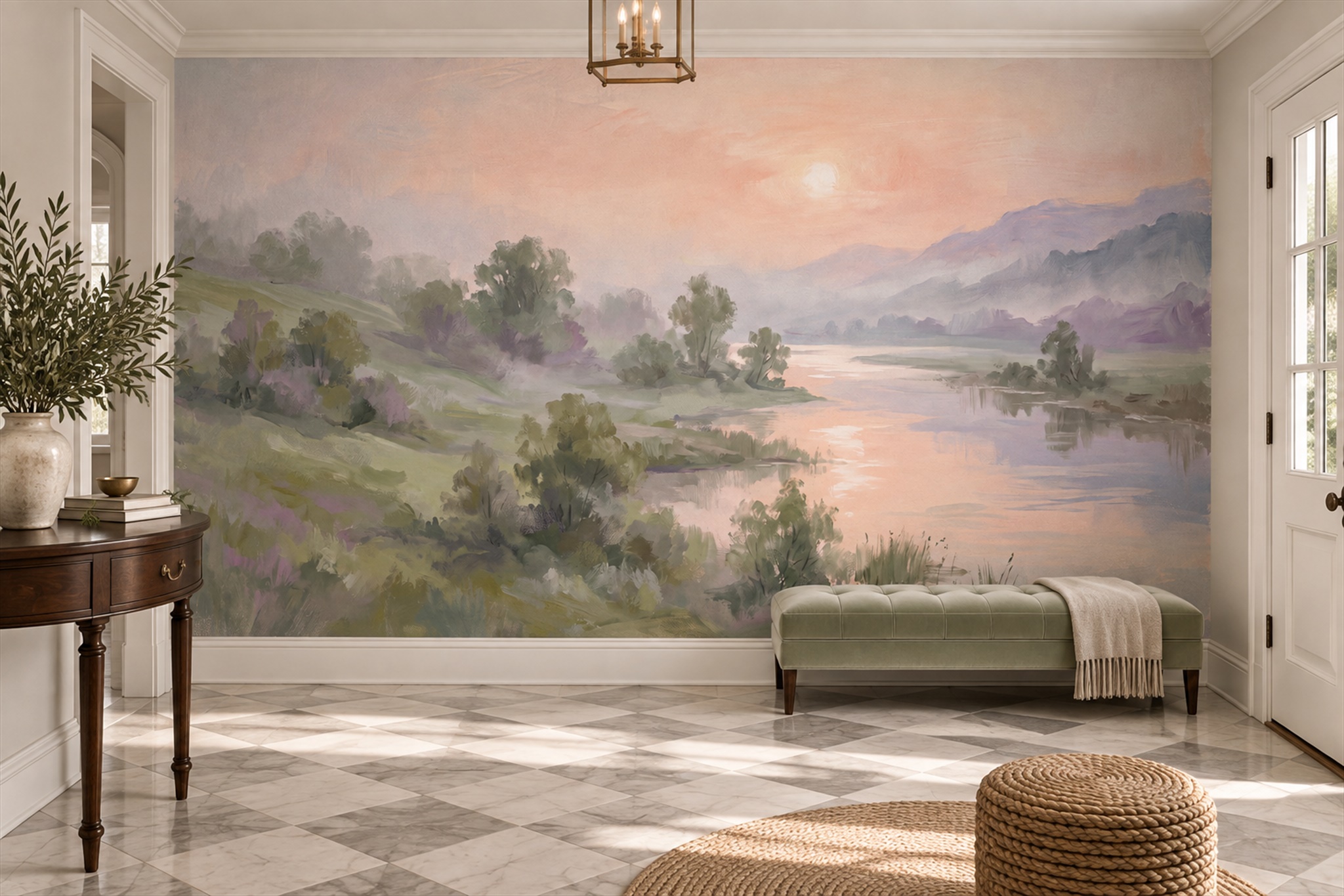 Peach River Scenic Wallpaper Mural Entryway-wallpaper-murals, Peel-and-stick Finish