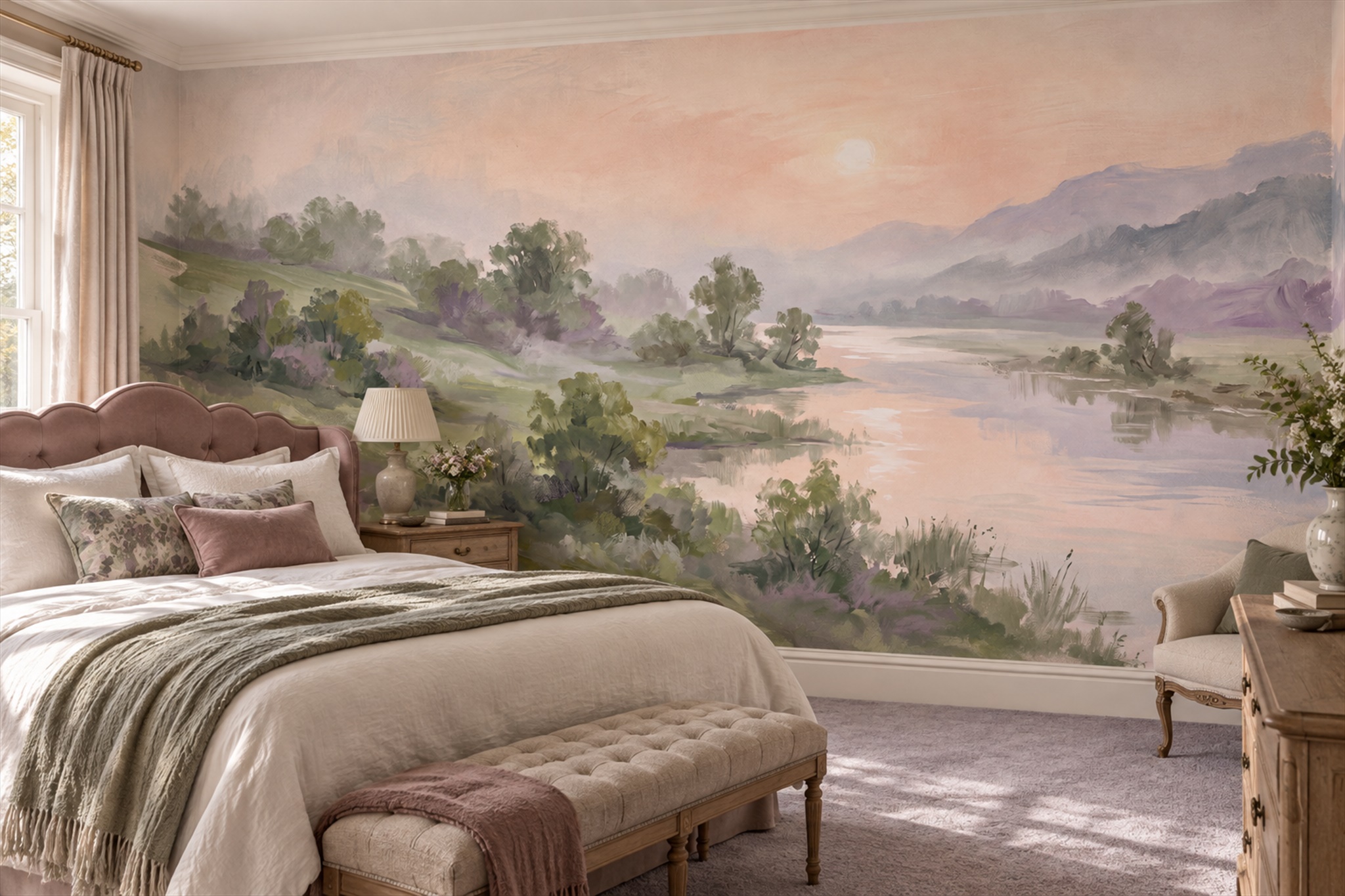 Pastel Sunrise Over A Quiet Lake Wallpaper Mural — Installed Wallpaper Mural In A Bedroom, Peel-and-stick Finish