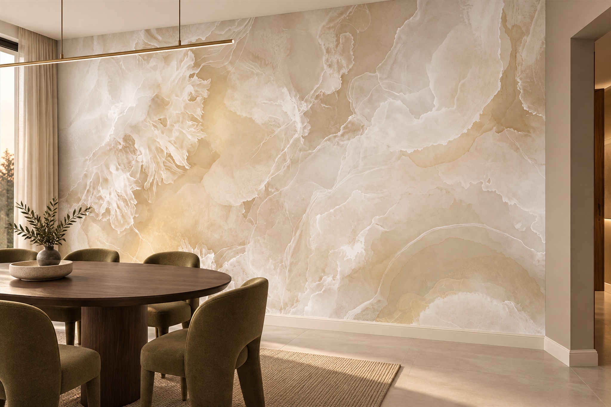 Beige Marble Decorative Layered Wallpaper Mural Dining-room-wallpaper-murals, Shown In A Dining Room, Peel-and-stick Finish