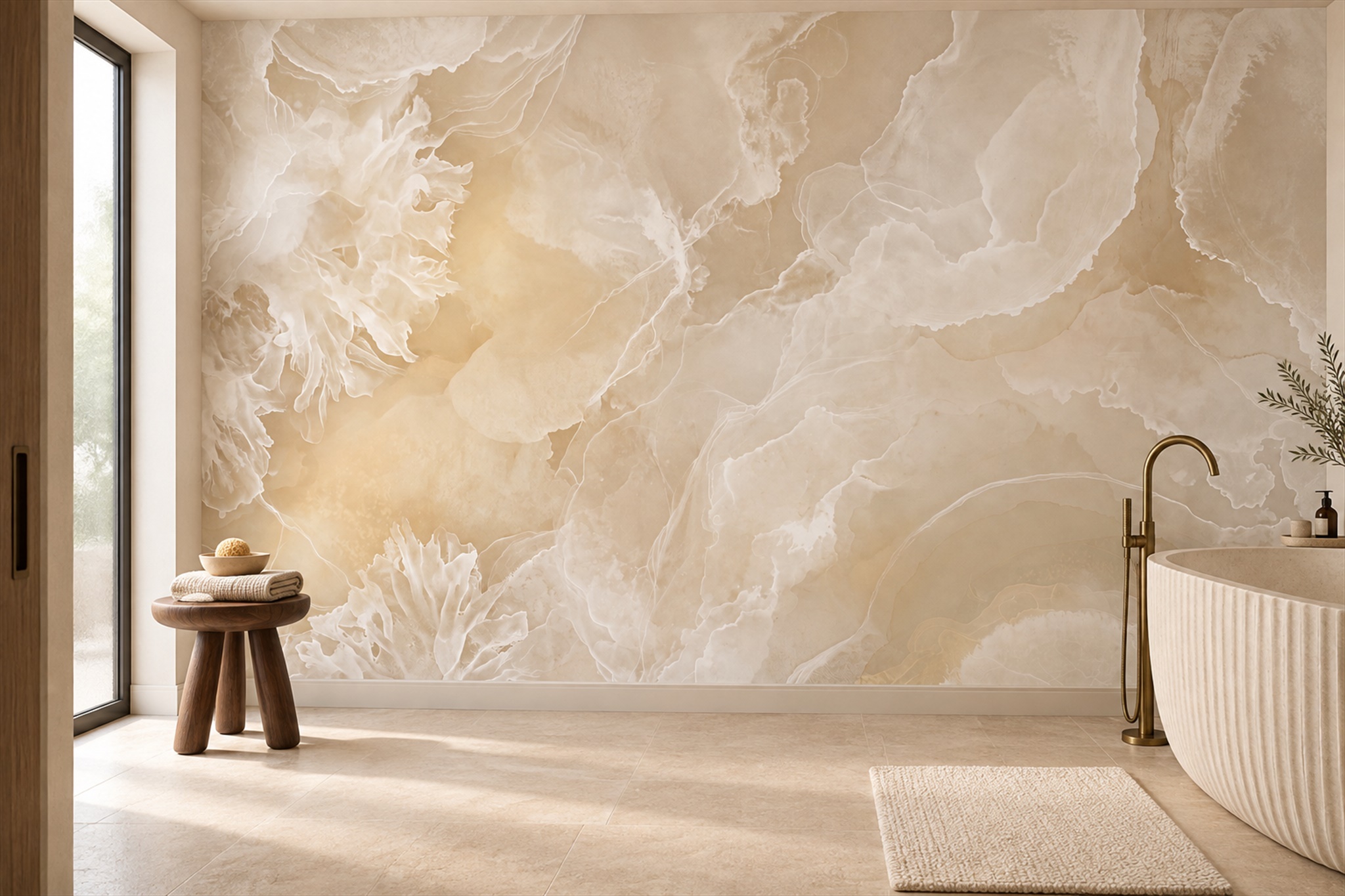 Beige Marble Decorative Layered Wallpaper Mural Accent-wall-wallpaper-murals, Peel-and-stick Finish