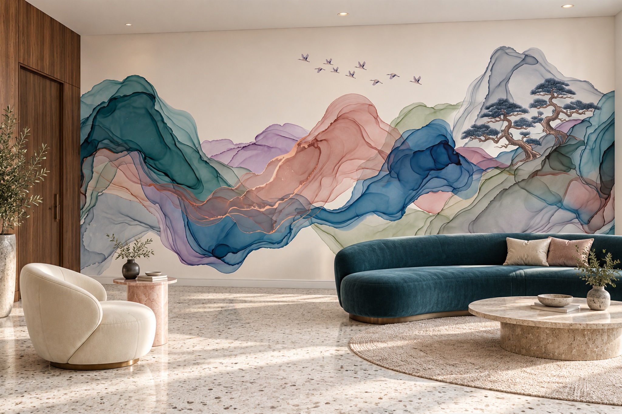 Teal Mountain Scenic Decorative Wallpaper Mural Living-room-wallpaper-murals, Peel-and-stick Finish