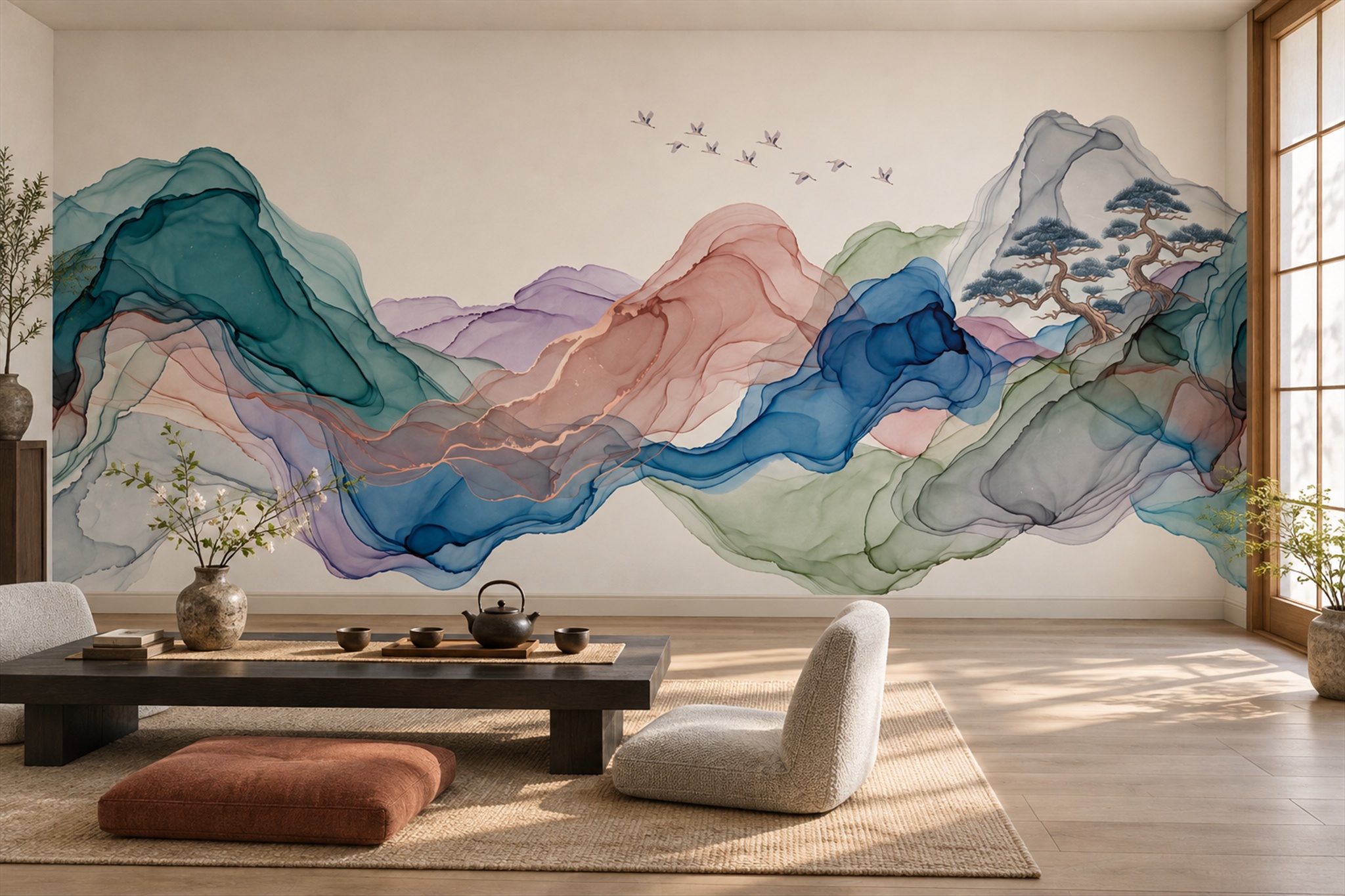 Teal Mountain Scenic Decorative Wallpaper Mural Accent-wall-wallpaper-murals, Peel-and-stick Finish