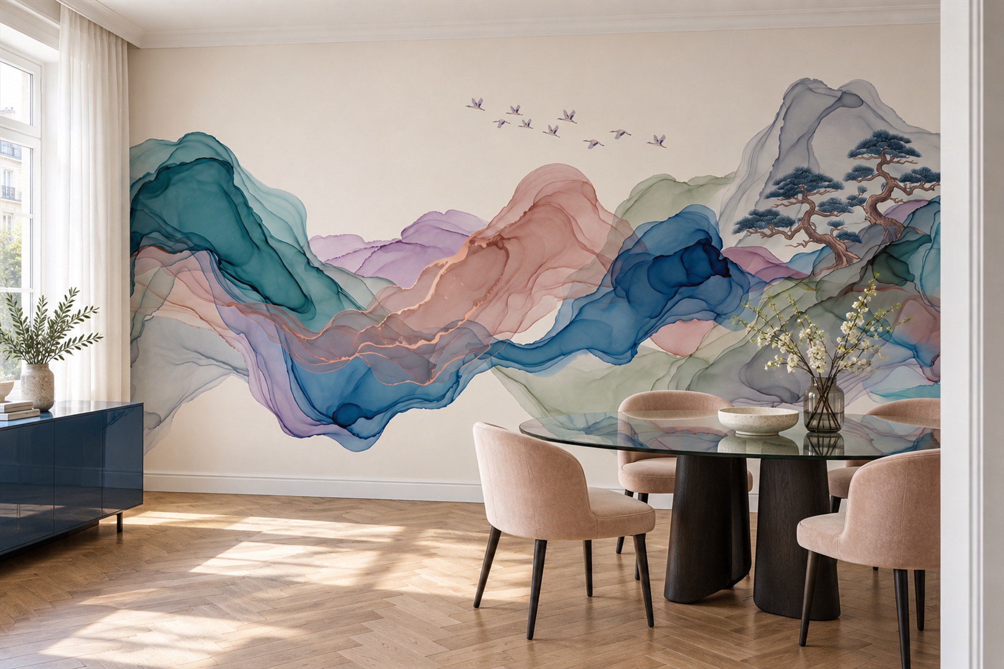 Teal Mountain Scenic Decorative Wallpaper Mural Living-room-wallpaper-murals, Peel-and-stick Finish