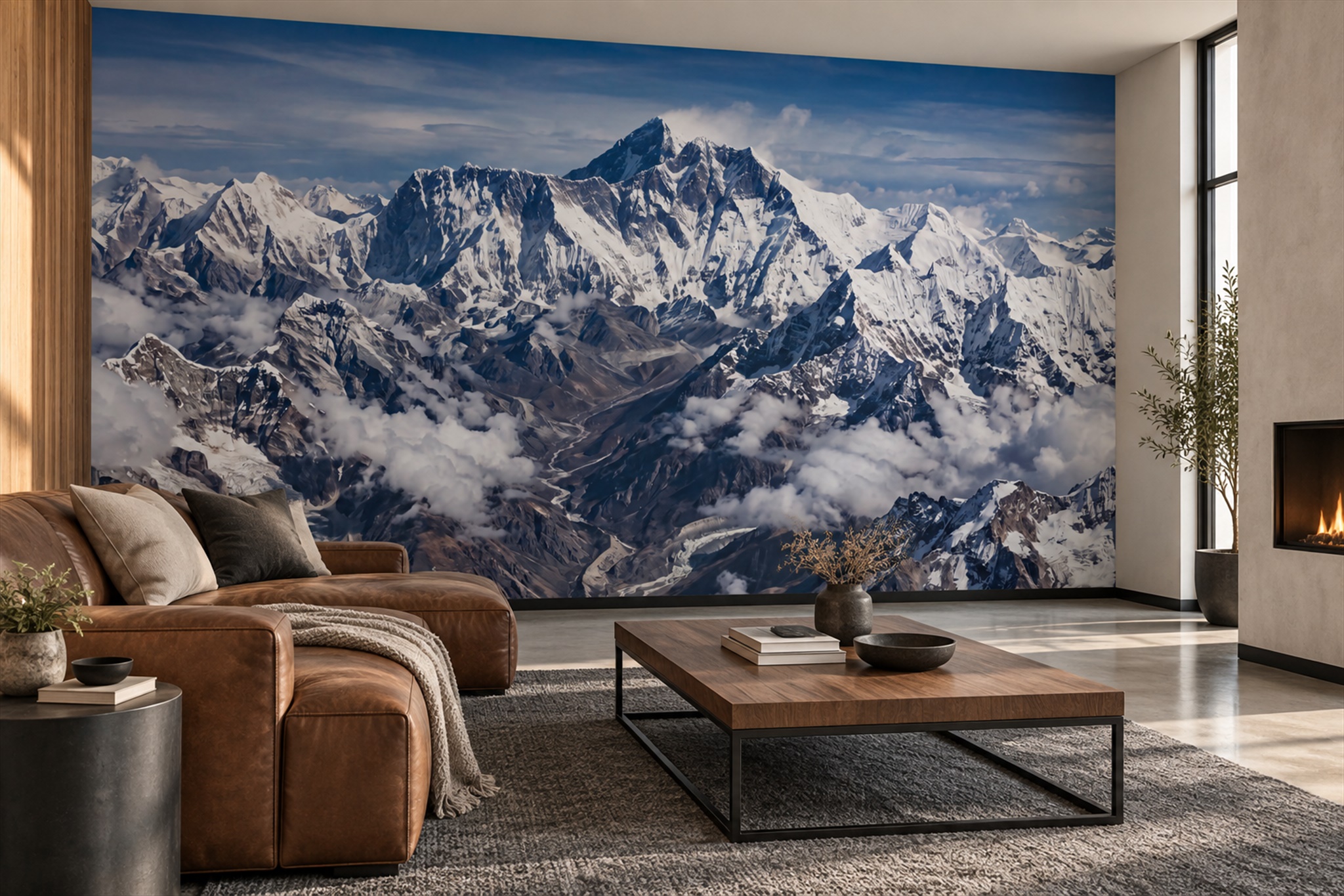 Blue Alpine Scenic Organic Wallpaper Mural Living-room-wallpaper-murals, Shown In A Living Room, Peel-and-stick Finish
