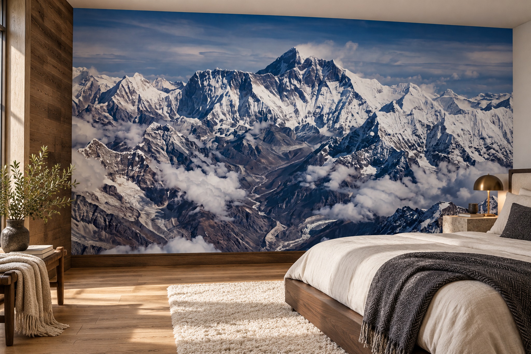 Snow-covered Himalayan Peaks Above The Clouds Wallpaper Mural — Installed Wallpaper Mural In A Bedroom, Peel-and-stick Finish