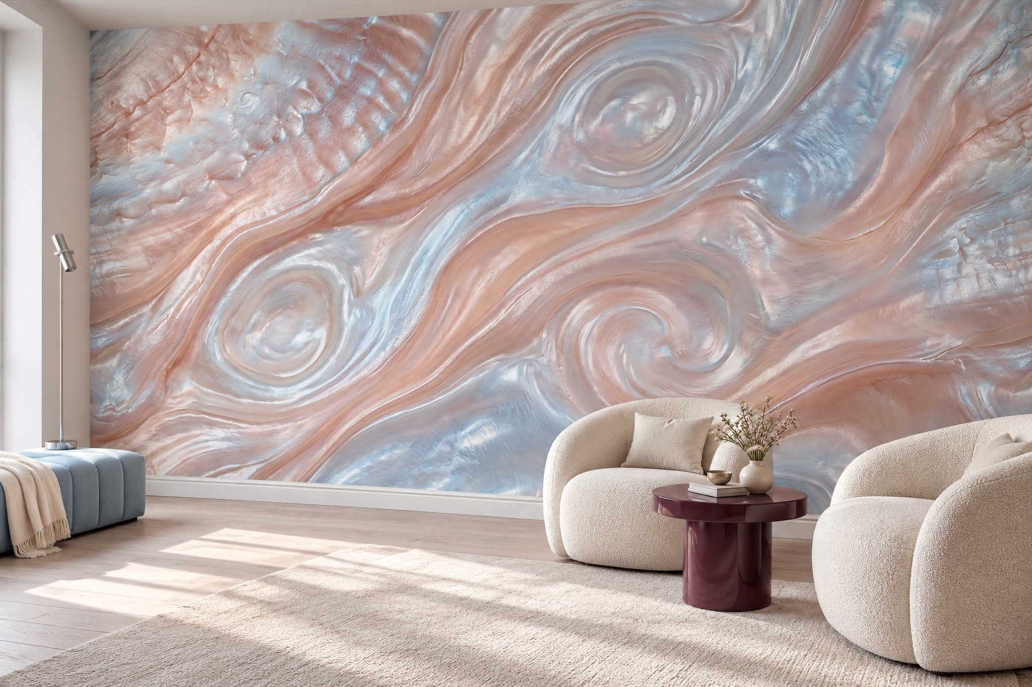 Peach Swirl Artful Wallpaper Mural Living-room-wallpaper-murals, Peel-and-stick Finish