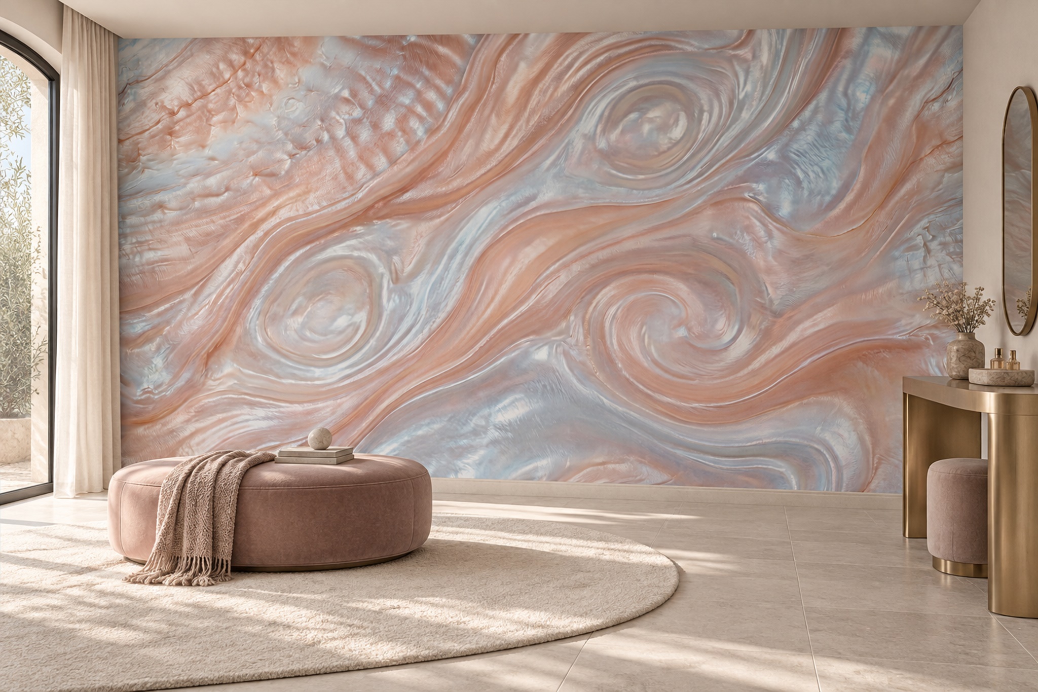 Peach Swirl Artful Wallpaper Mural Accent-wall-wallpaper-murals, Peel-and-stick Finish