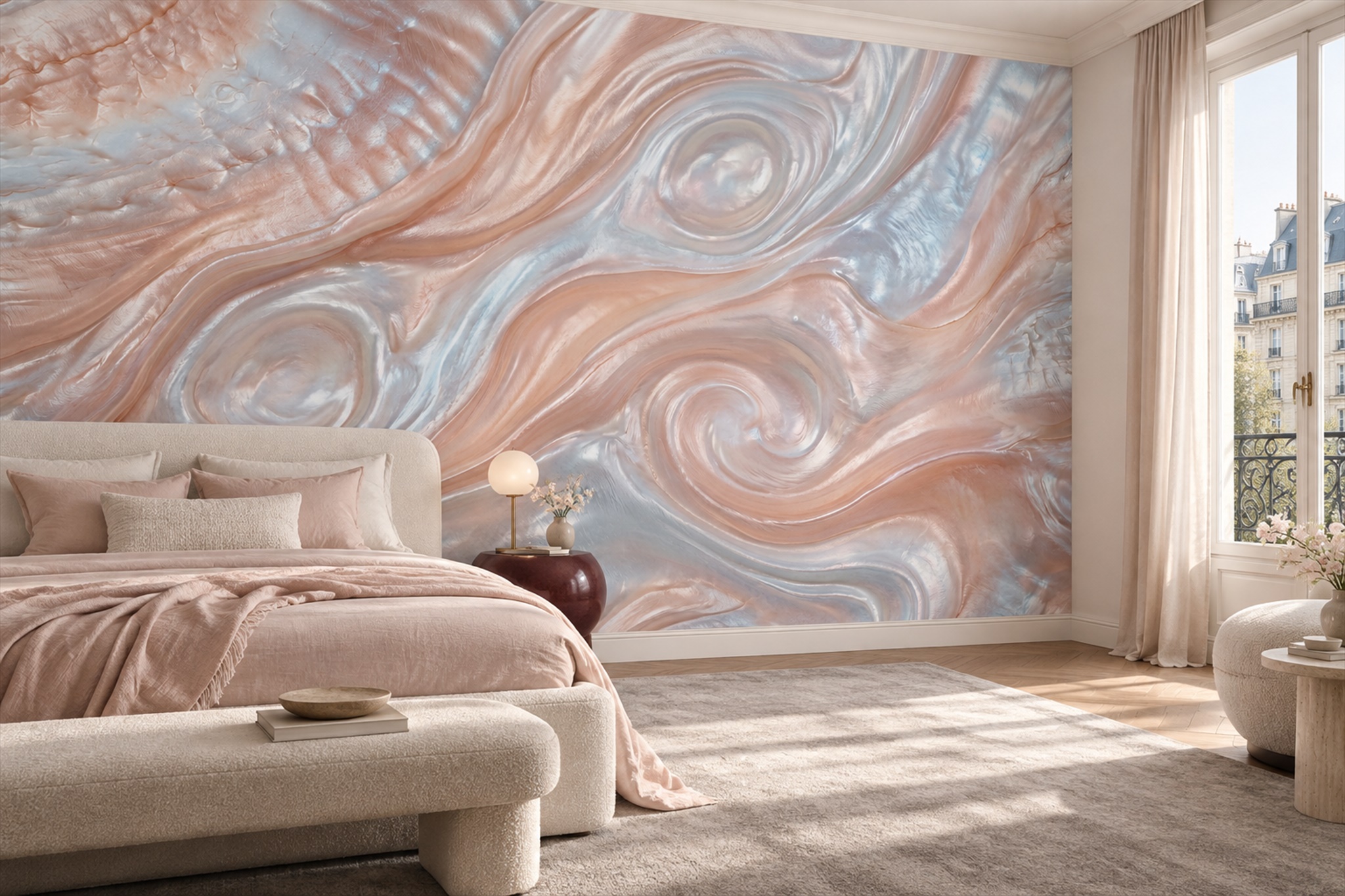 Peach Swirl Artful Wallpaper Mural Bedroom-wallpaper-murals, Peel-and-stick Finish