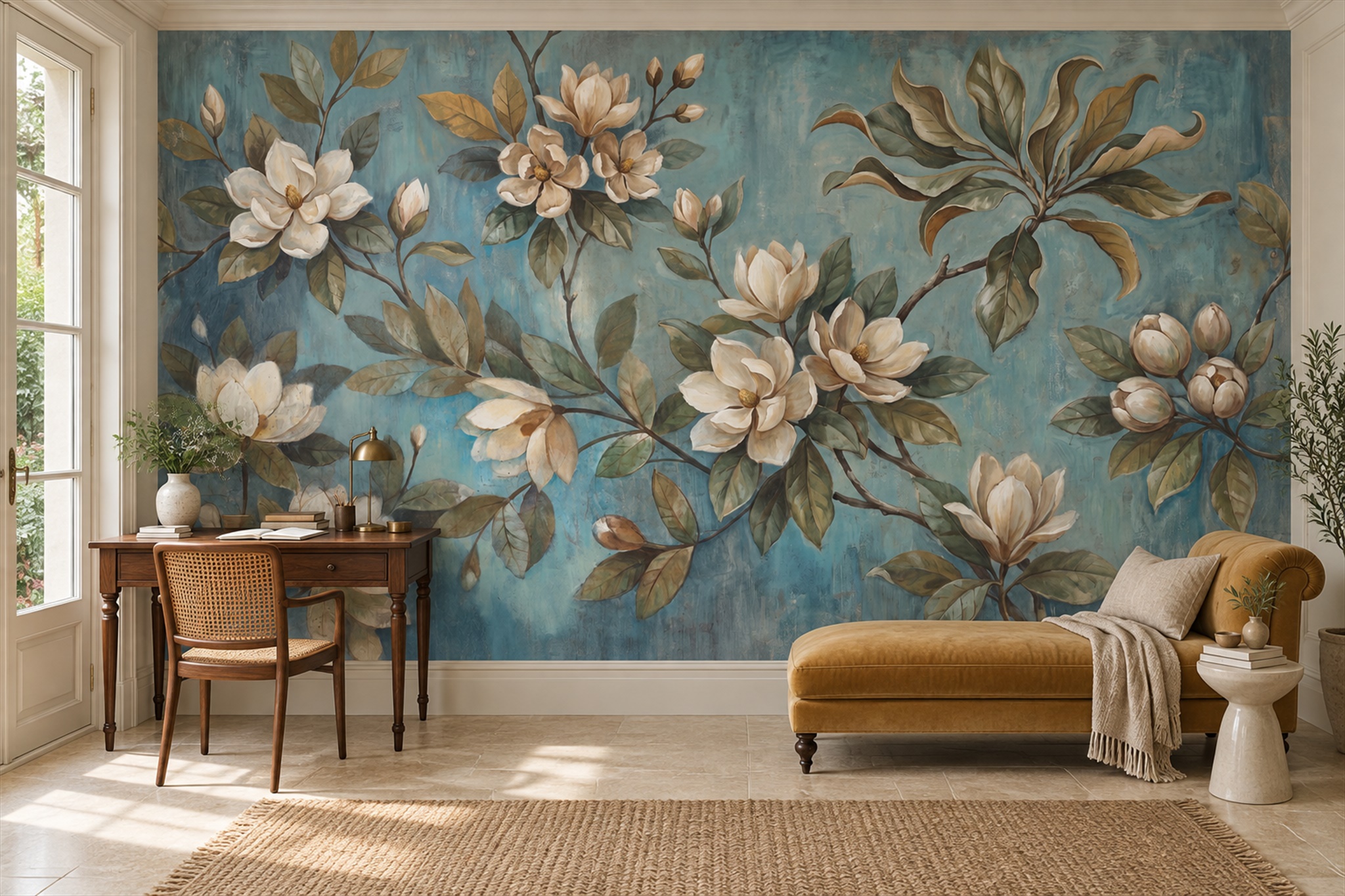 White Magnolias And Olive Leaves On Teal Wallpaper Mural — Wallpaper Mural Design, Peel-and-stick Finish