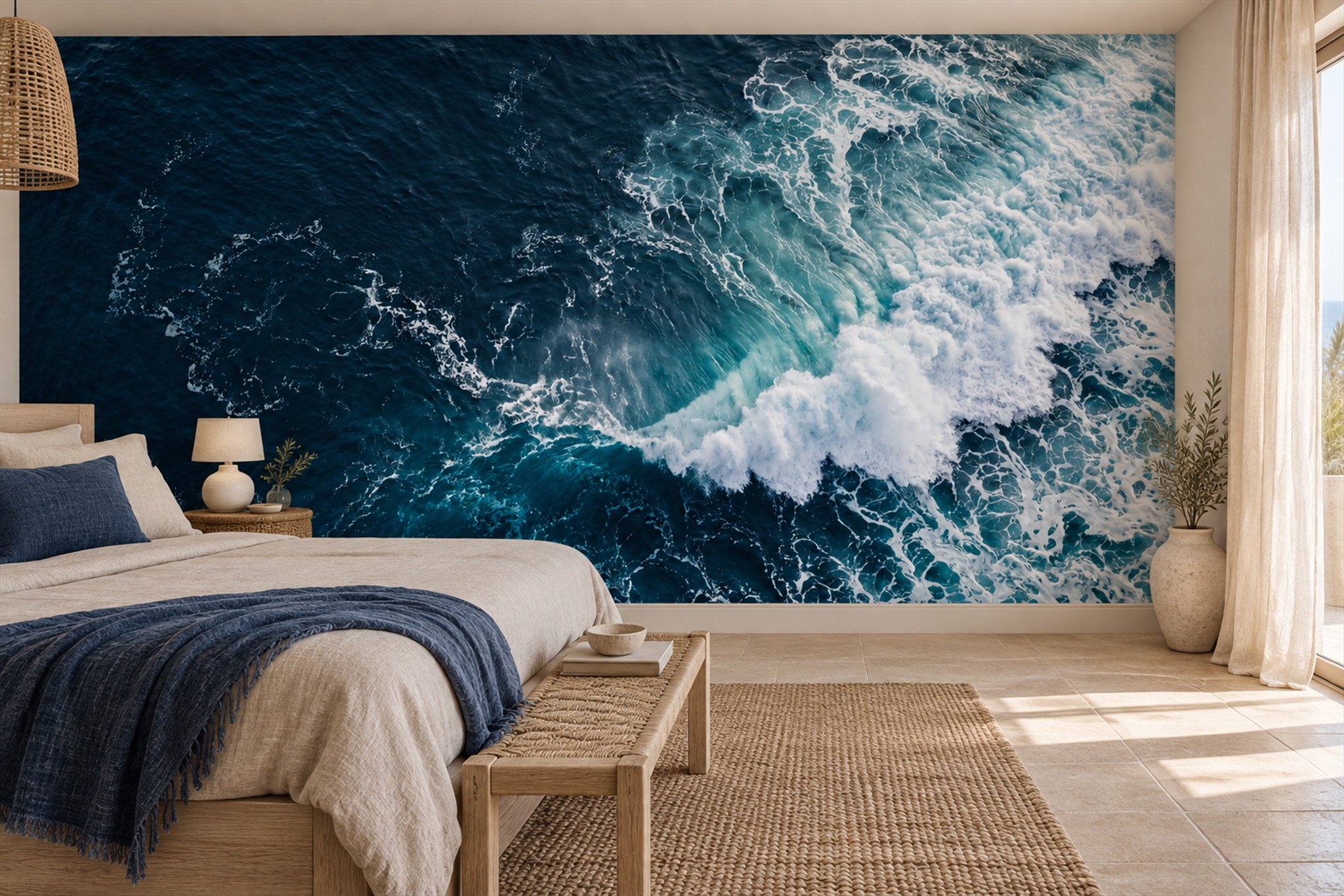 Navy Ocean Scenic Wallpaper Mural Bedroom-wallpaper-murals, Peel-and-stick Finish