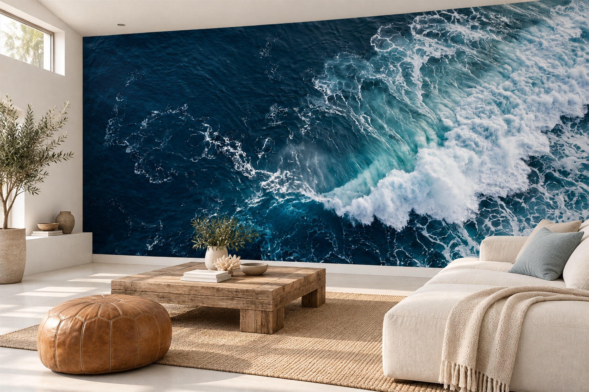 Navy Ocean Scenic Wallpaper Mural Living-room-wallpaper-murals, Peel-and-stick Finish