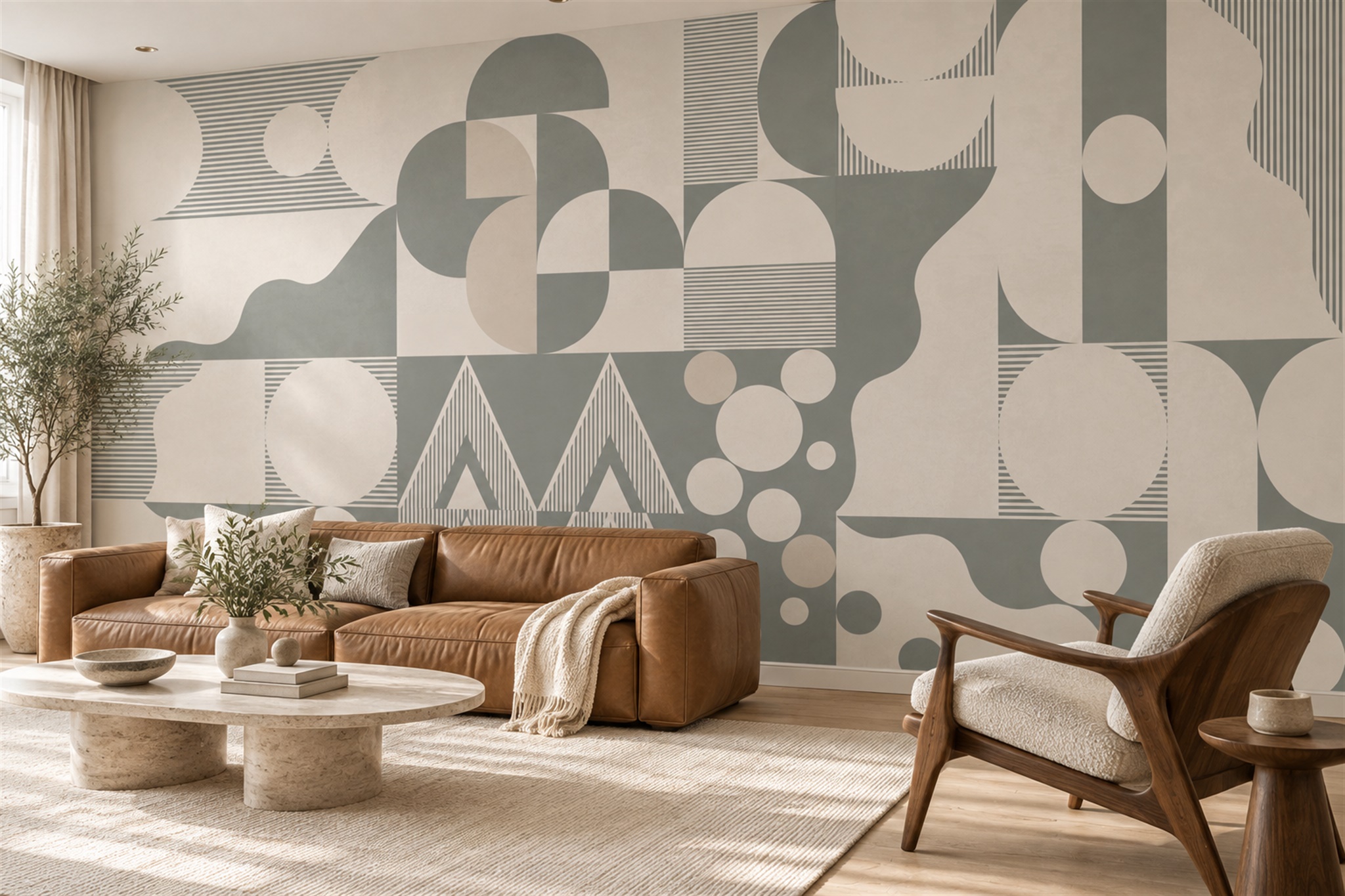 Grey Geometric Abstract Painterly Wallpaper Mural Accent-wall-wallpaper-murals, Peel-and-stick Finish