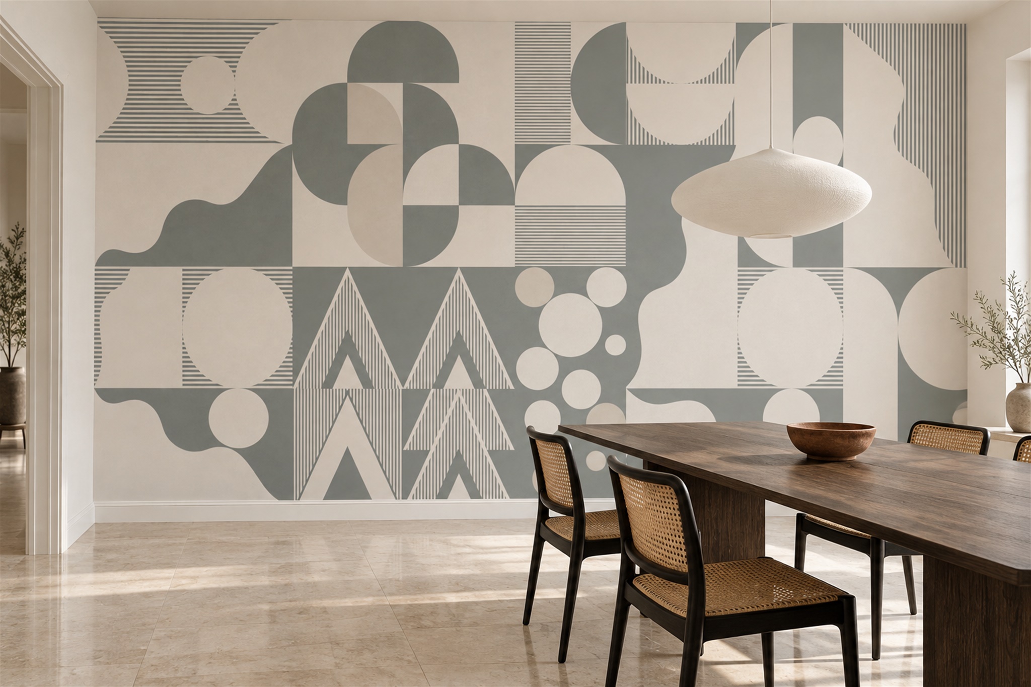 Grey Geometric Abstract Painterly Wallpaper Mural Dining-room-wallpaper-murals, Shown In A Dining Room, Peel-and-stick Finish
