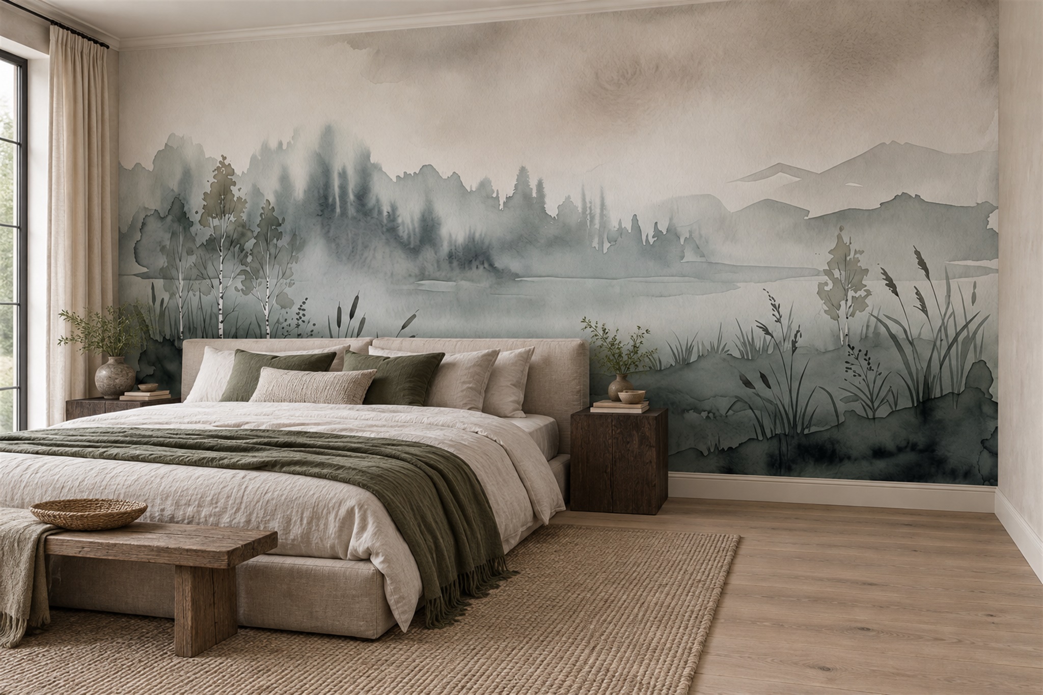 Grey Lake Scenic Decorative Wallpaper Mural Bedroom-wallpaper-murals, Peel-and-stick Finish