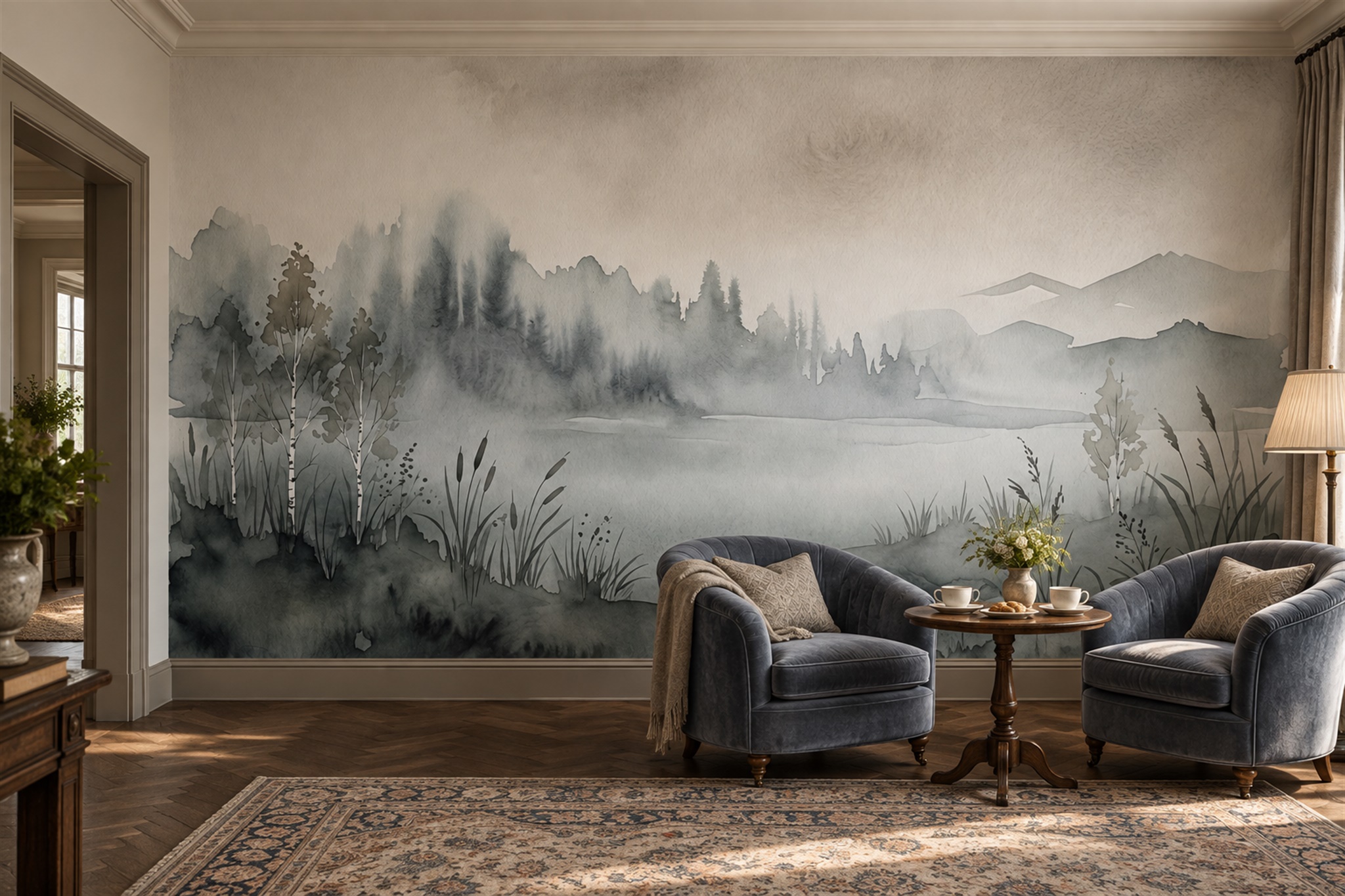 Misty Grey Lake And Reeds Watercolour Wallpaper Mural — Wallpaper Mural Design, Peel-and-stick Finish