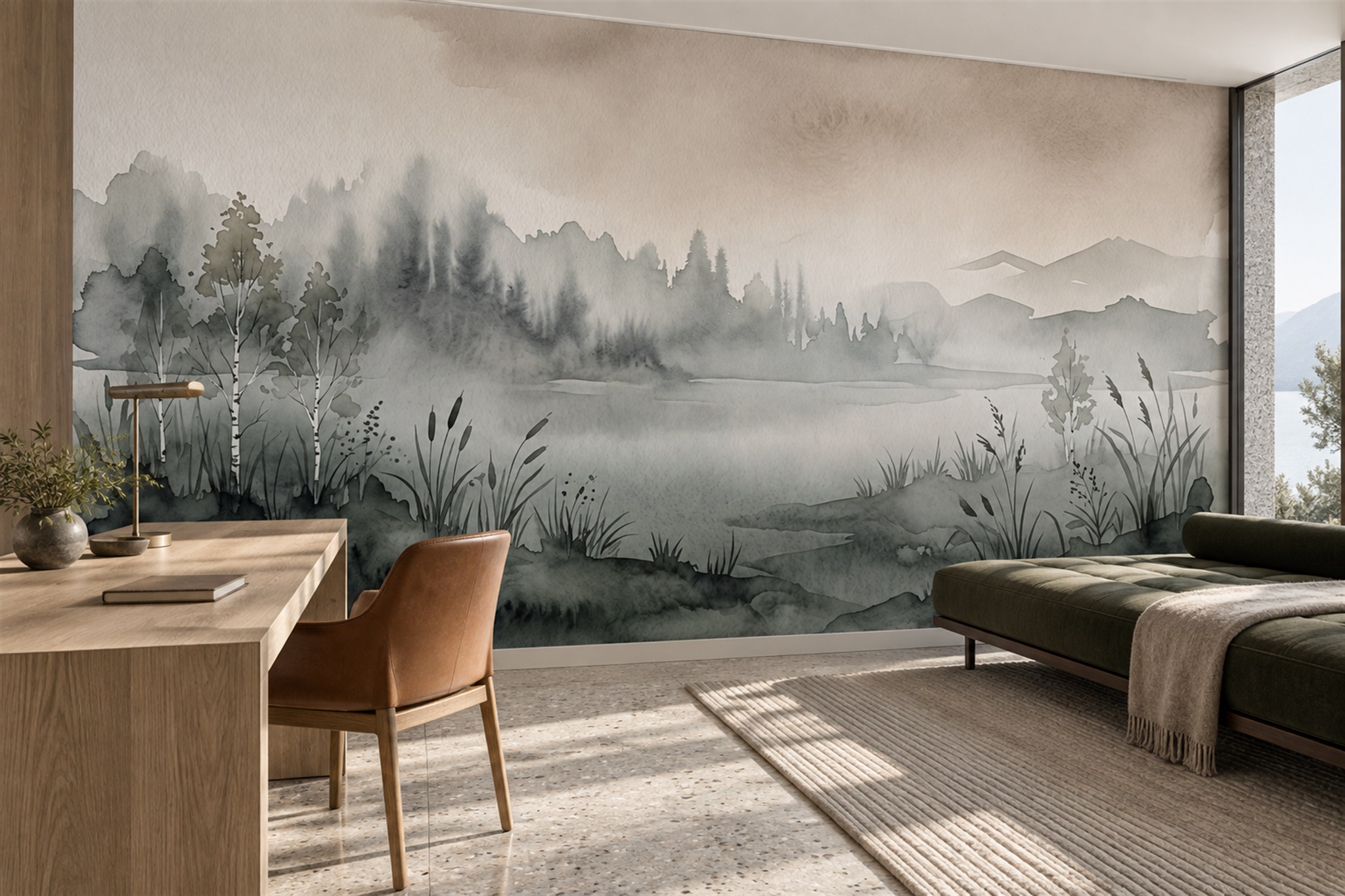 Grey Lake Scenic Decorative Wallpaper Mural Living-room-wallpaper-murals, Peel-and-stick Finish