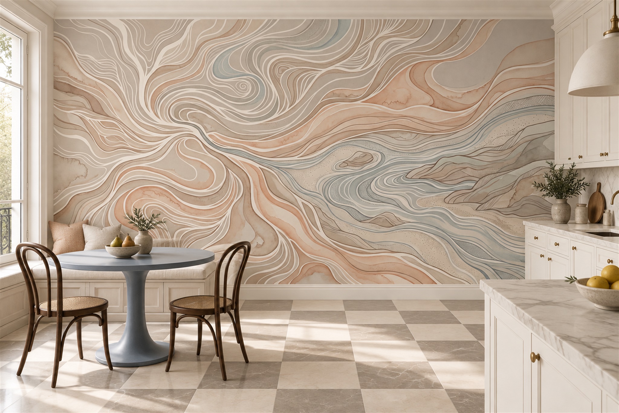 Beige Marble Decorative Painterly Wallpaper Mural Bathroom-wallpaper-murals, Peel-and-stick Finish