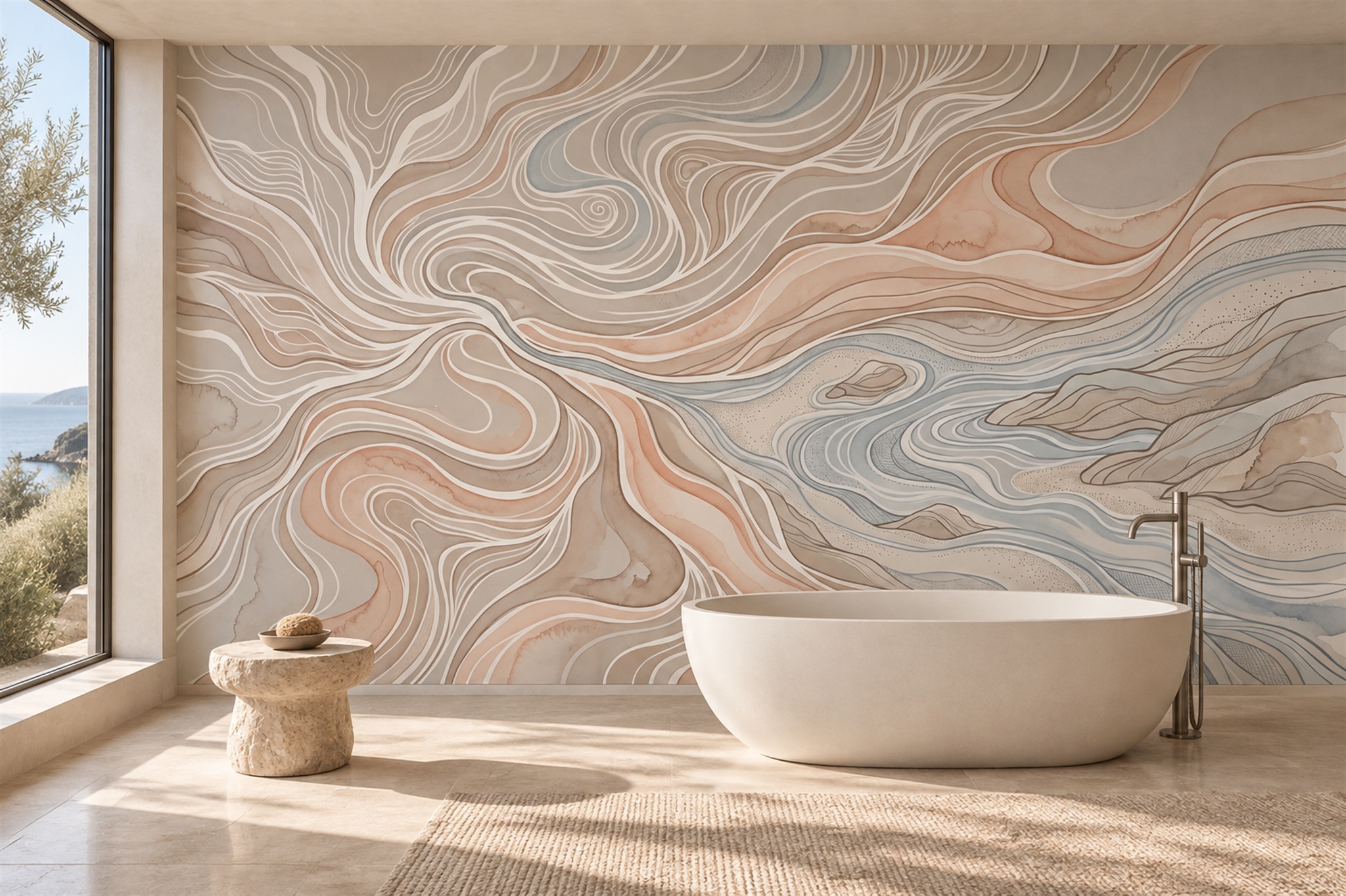 Peach Beige And Blue Flowing Marble Wallpaper Mural — Wallpaper Mural Design, Peel-and-stick Finish